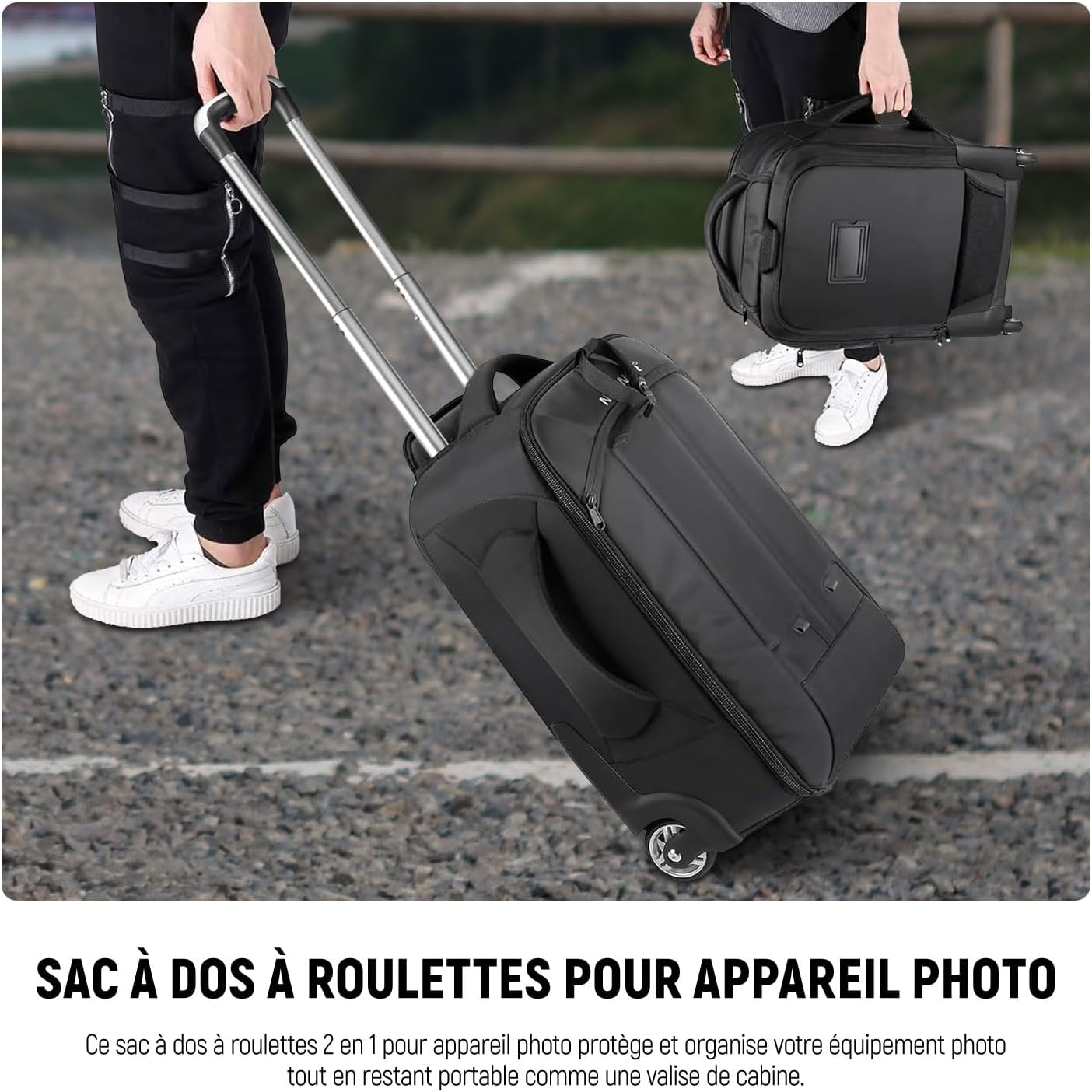 Detalle de Neewer sac à dos convertible 2-en-1 à roulettes pour appareil photo (SLR/DSLR) avec compartiment rembourré 17 pouces — noir