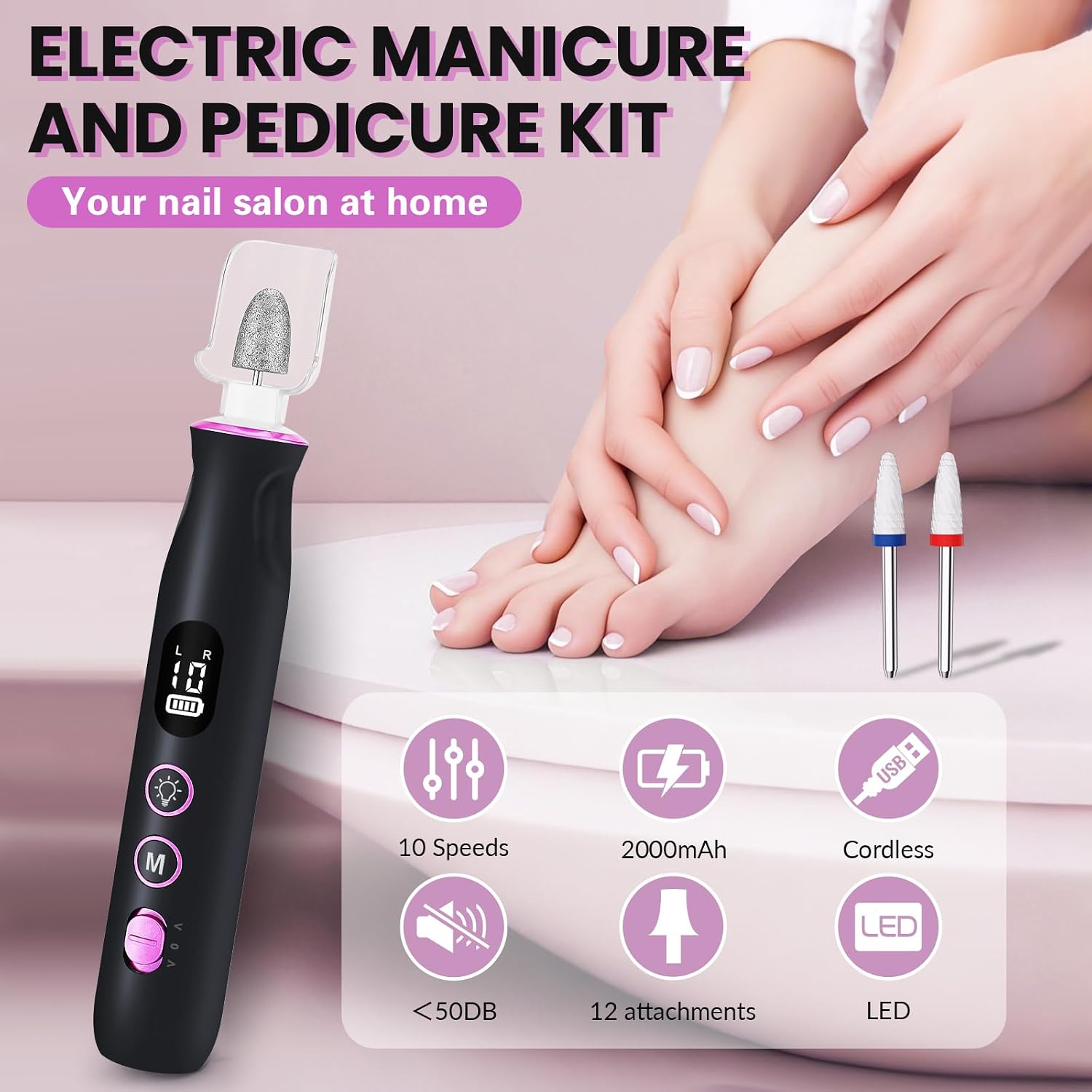 Detalle de VFD AOL05 Cordless Nail Drill, 10 Speeds, 2000 mAh Rechargeable