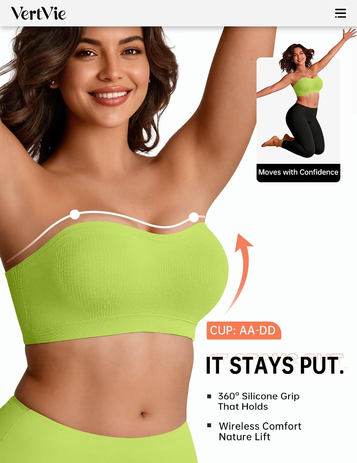 Detalle de Vertvie Strapless Wireless Push Up Bandeau Bra with Non-Slip Grip