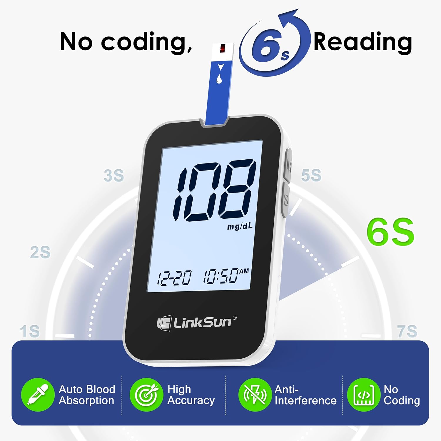 Detalle de LinkSun G-425-2V Blood Glucose Monitor Kit, Large Display, 100 Strips
