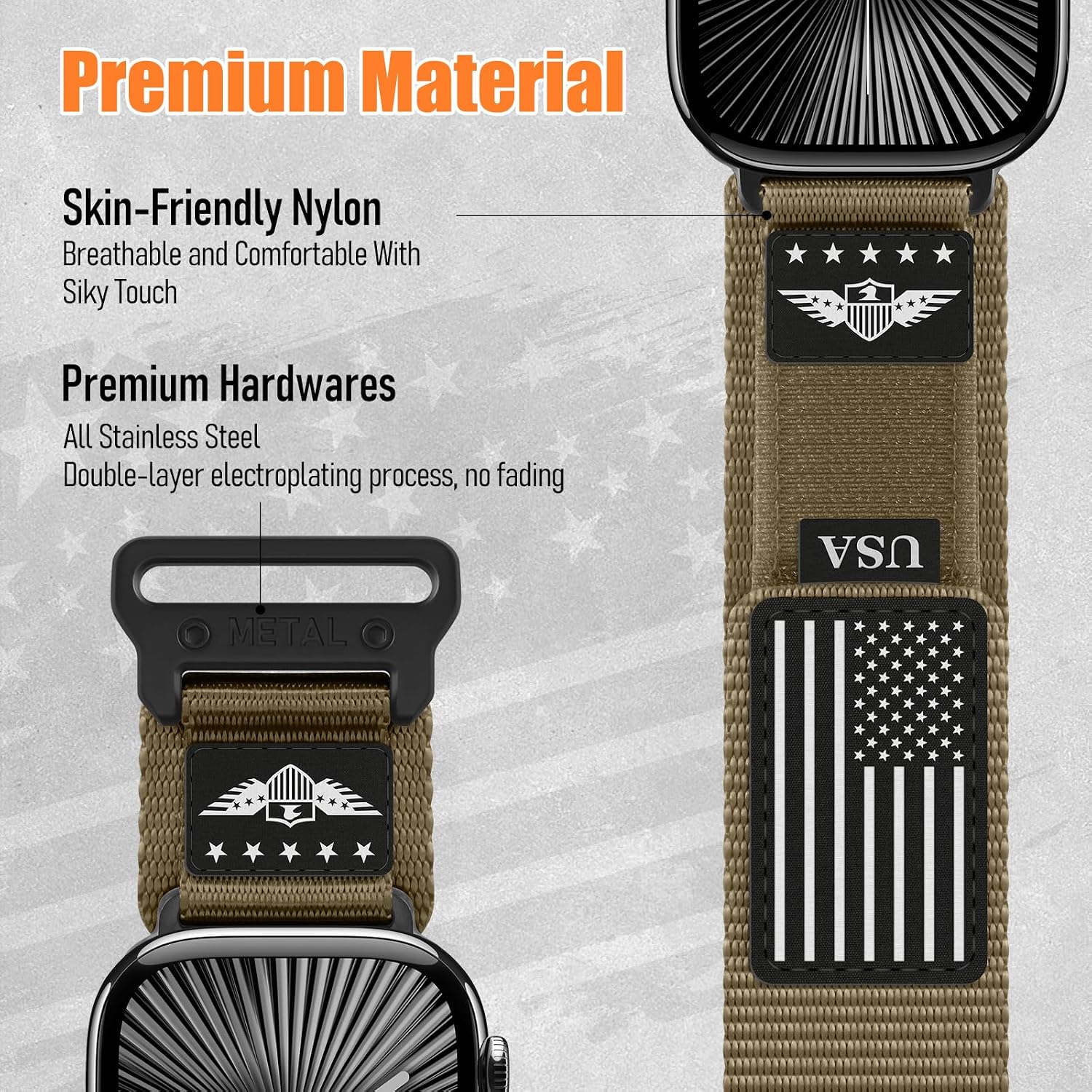Detalle de Rugged Nylon Band for Apple Watch Ultra 2/3 — Stars-Stripes Flag Strap for Men (49mm/46mm/45mm/44mm/42mm)