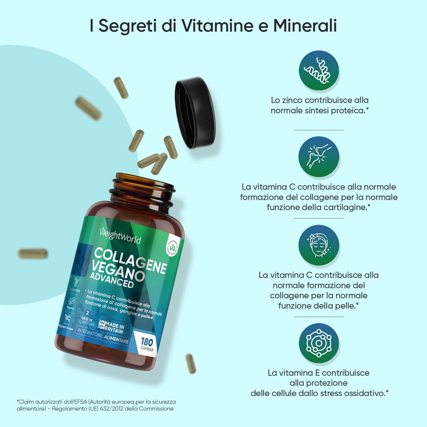Thumbnail 2 de Collagene vegano e Acido ialuronico WeightWorld, 180 capsule con Vitamina C, E, Zinco, Resveratrolo e MSM
