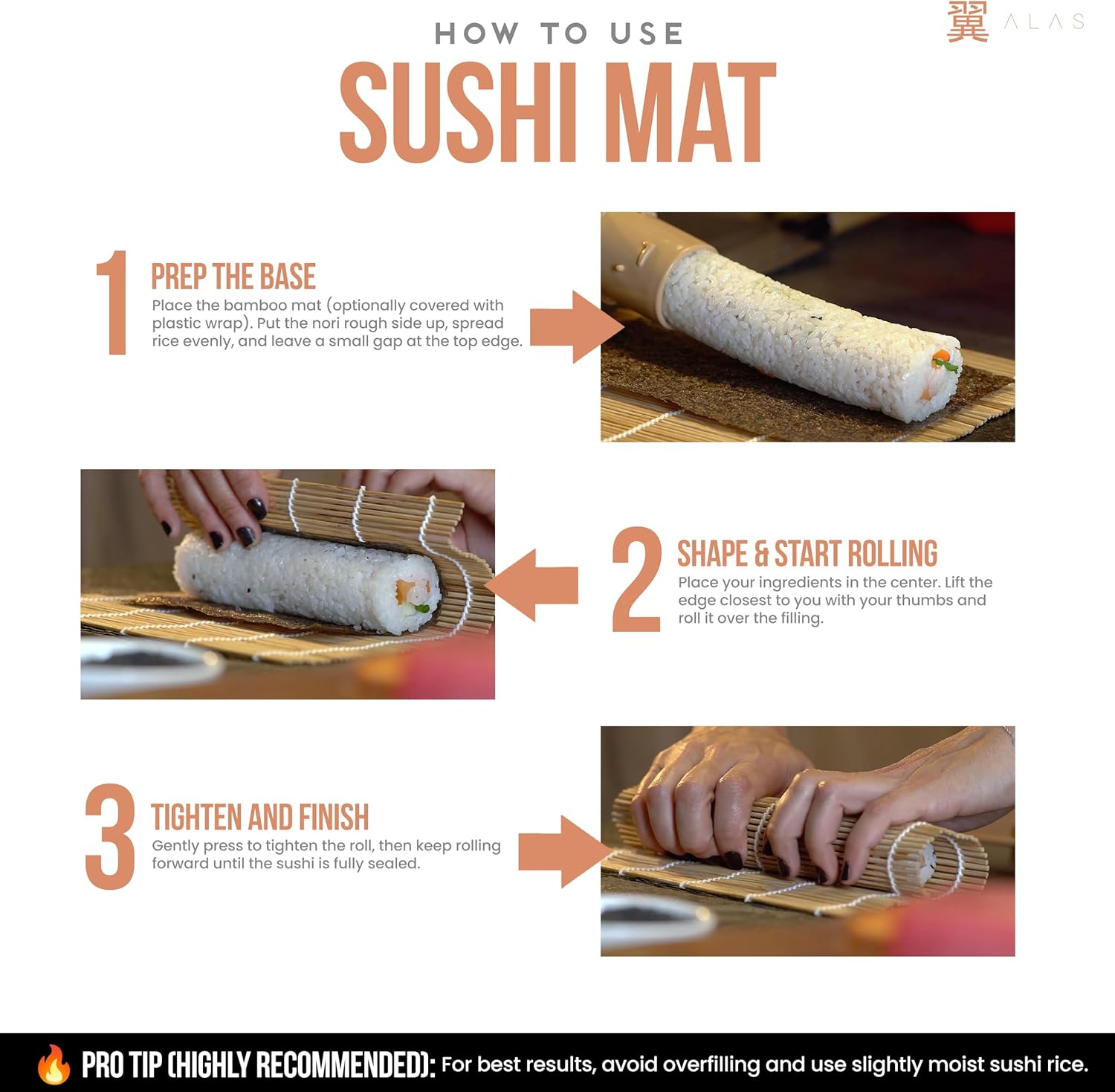 Detalle de Alas Complete 20-Piece Sushi Making Set (Knife, Mats, Rice Bazooka & More) for Beginners and Pros