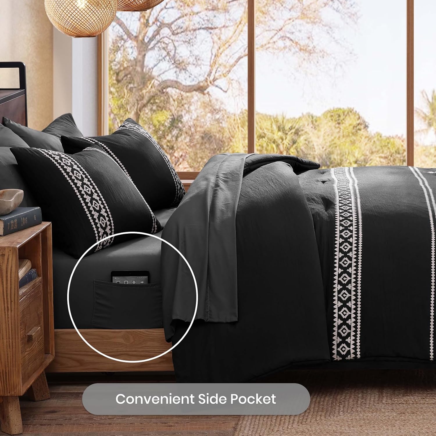 Thumbnail 4 de MaiRêve Embroidery Queen Size Comforter Set in Black — 7 Pieces, All-Season Boho Farmhouse Western Bedding