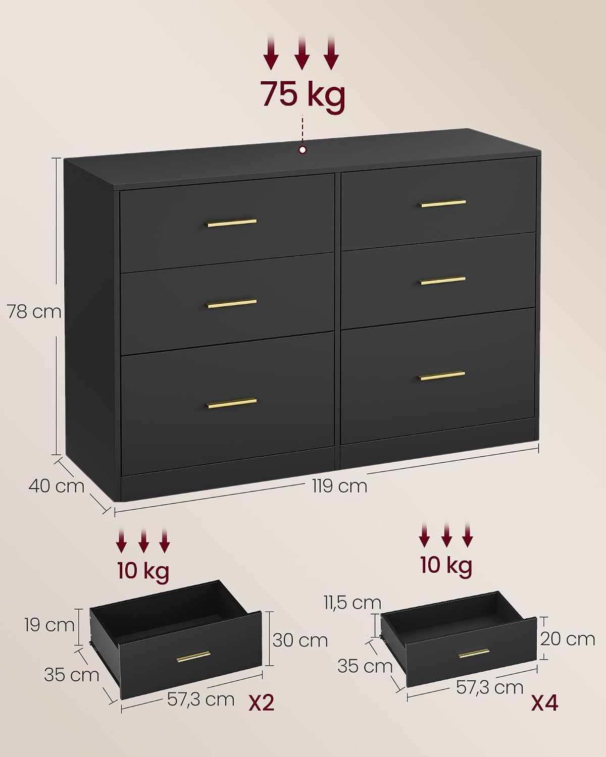 Detalle de VASAGLE Custos Collection LTS416BC01 Chest of Drawers, 6 Drawers, Ink Black