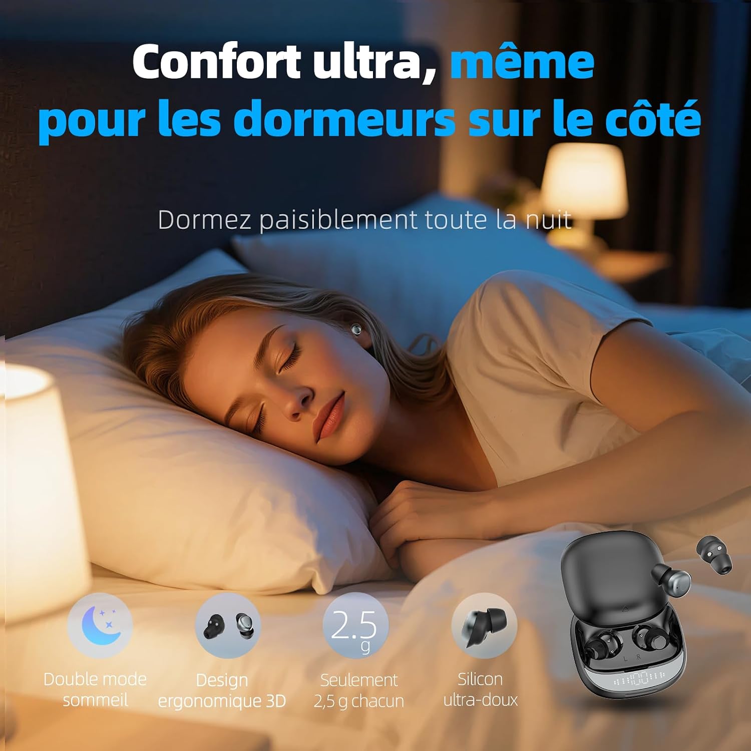 Detalle 2 de Ecouteurs Bluetooth Sleep Earbuds sans Fil — Ultra-légers (2,5 g), double mode sommeil et boîtier à ouverture coulissante
