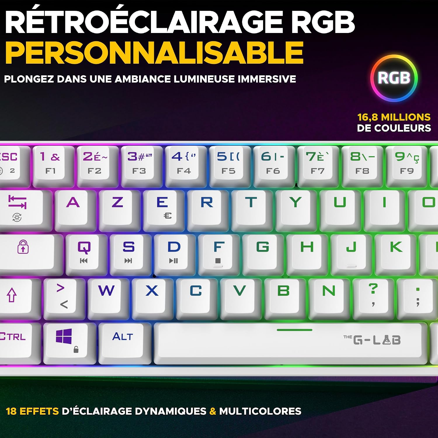 Thumbnail 4 de The G-Lab Keyz Titanium 65% Mechanical Gaming Keyboard, White AZERTY, Red Switches