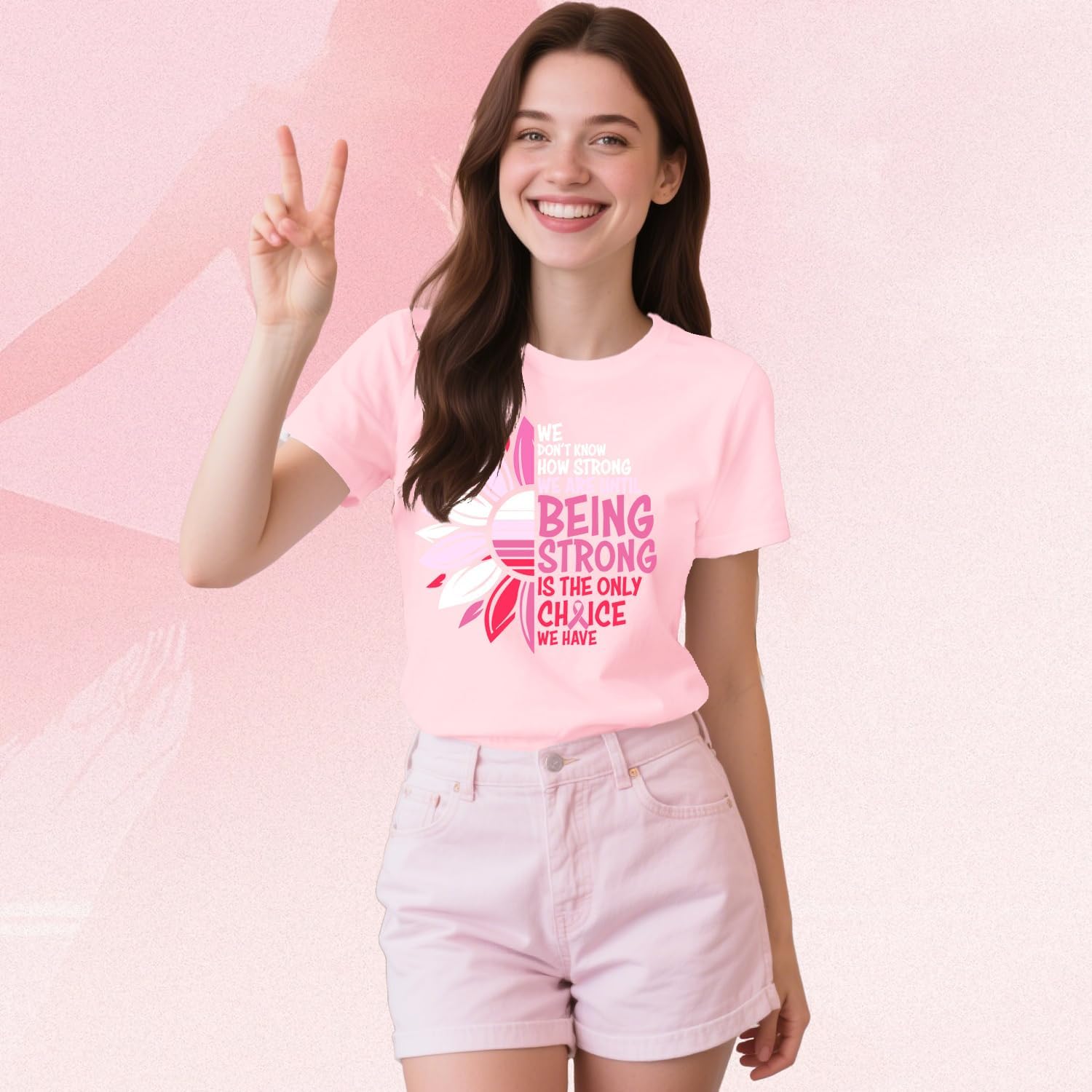 Detalle 2 de Qskall Breast Cancer Awareness T-Shirt for Women with Pink Ribbon & Sunflower Graphic