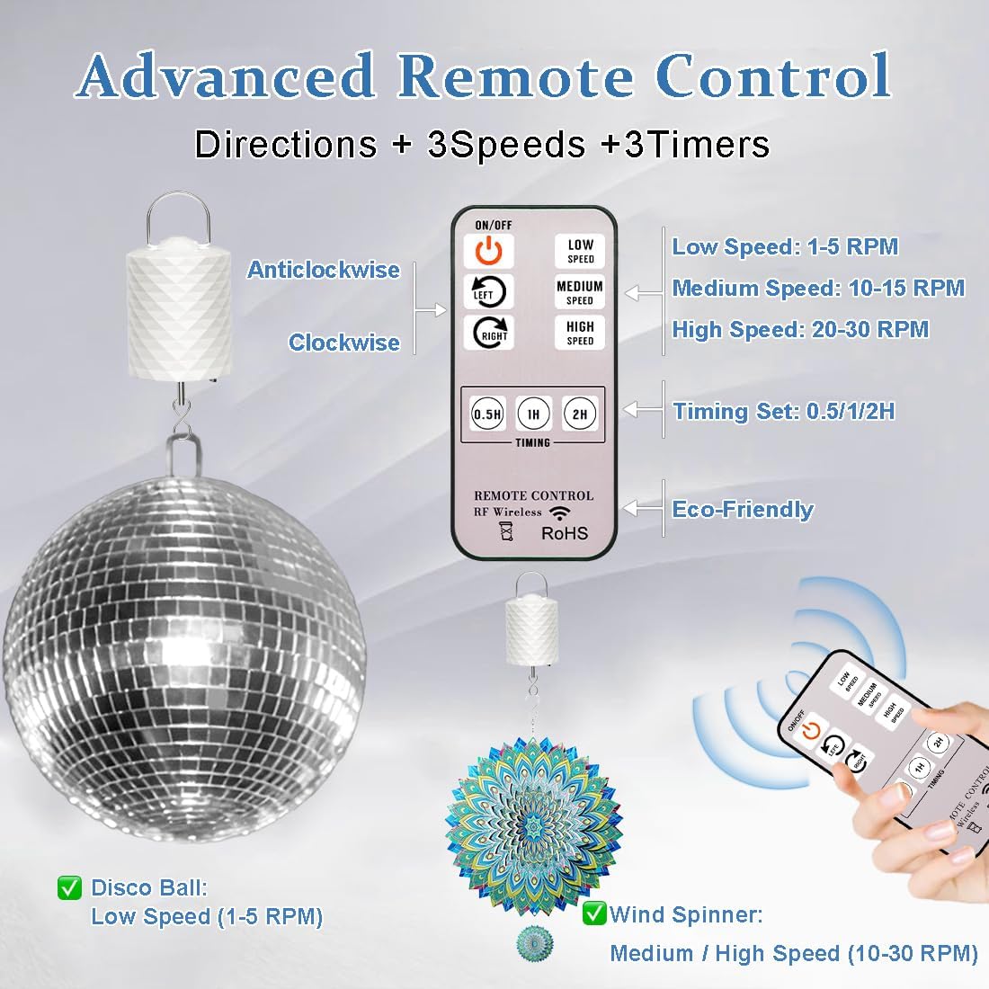 Detalle de Disco Ball Motor with Remote (12 lb Capacity) – 6–20 inch Ball, 2-Way Rotation, 3 Speeds, 0.5/1/2h Timers