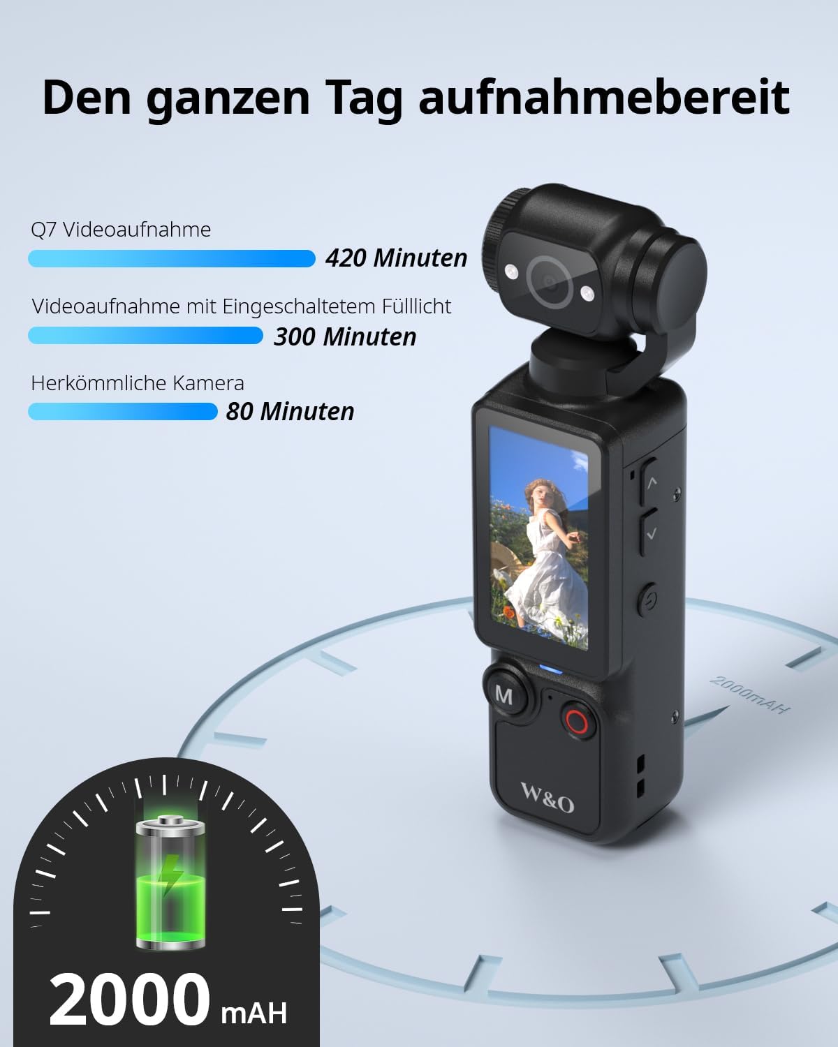 Detalle 2 de W & O Vlog Kamera mit 180° Drehbarem Objektiv – 2,5K Pocket Bodycam mit Audio & Video Aufnahme, 7 Stunden Akku, 32GB Speicher, Schwarz