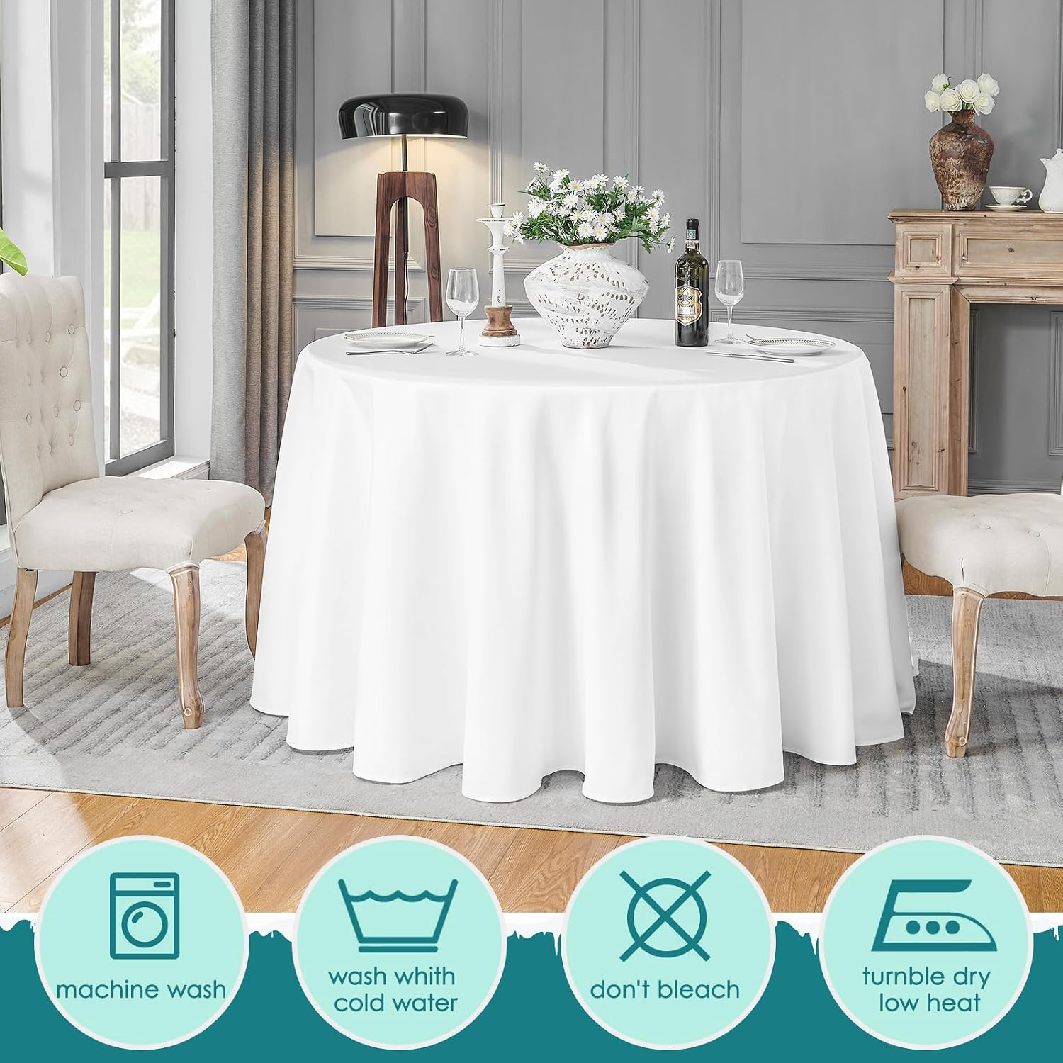 Detalle 2 de VidaFete Round Tablecloth (132-inch) — 10 Pack Polyester Table Cover, Stain & Wrinkle Resistant (White)