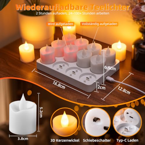 Detalle de LaiTeny LED Teelichter 12er Set Wiederaufladbar mit Ladestation und Fernbedienung – inklusive Timer