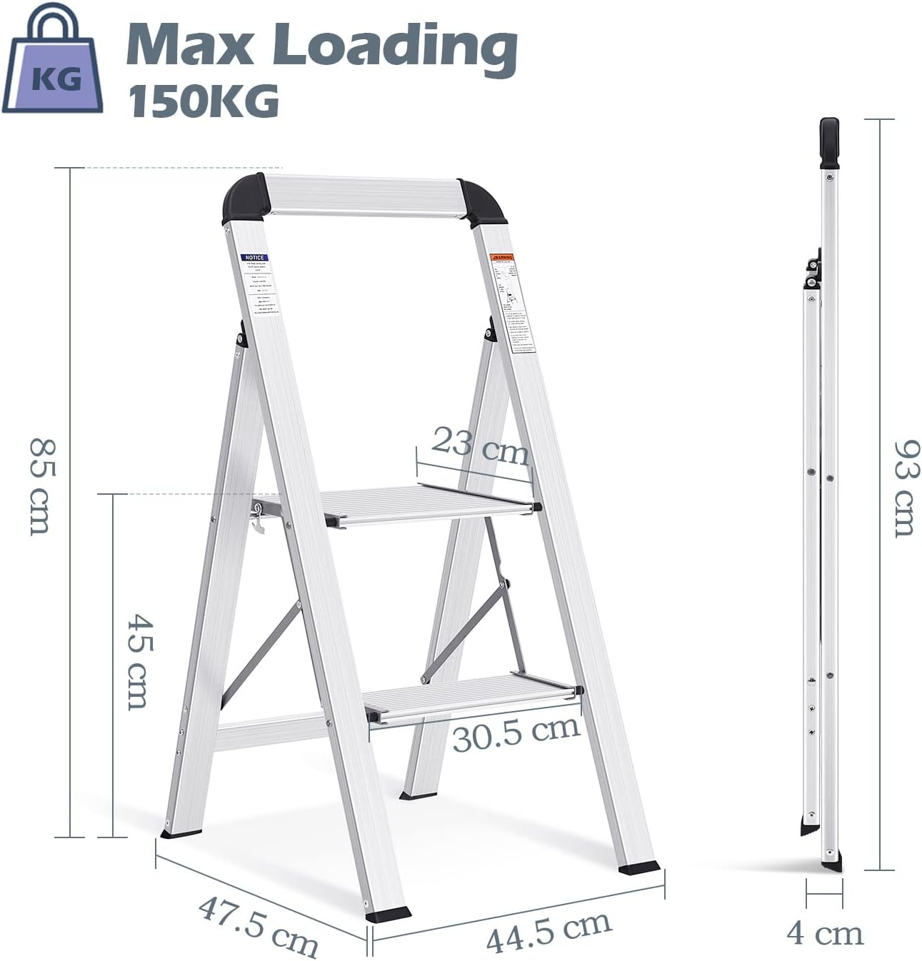 Detalle de KINGRACK Aluminium-Leiter mit 2 Stufen, klappbar inkl. Handlauf (bis 150 kg, silber)
