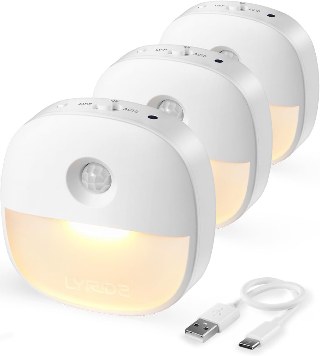 Detalle de Lyridz Motion Sensor Night Lights (3 Pack) – USB Rechargeable Warm White with AUTO mode