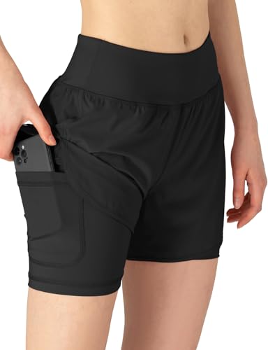 Detalle 2 de donhobo Damen Sport Shorts 2-in-1 kurz 2-in-1 Laufshorts Schnelltrocknend Schwarz M