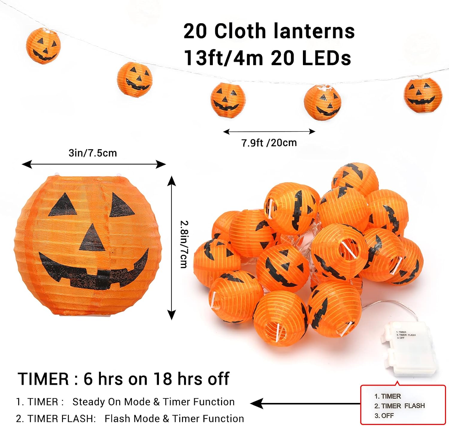 Detalle de Qedertek Halloween Kürbis Laternen Lichterkette – 4,3 m, 20 ORANGE Kürbis-Lampions, IP65, batteriebetrieben