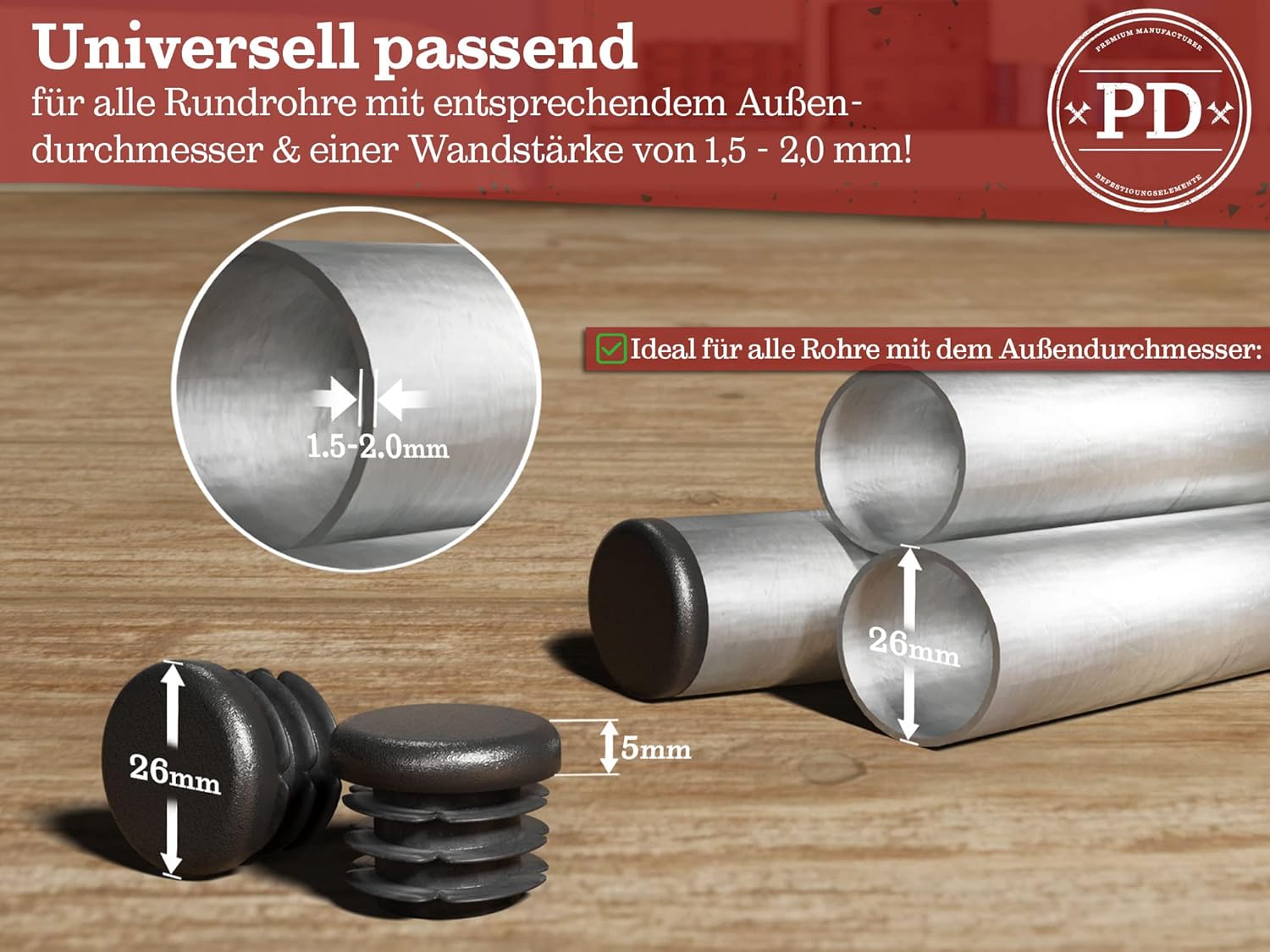 Thumbnail 1 de PD® Lamellenstopfen rund 26 mm für Rundrohr – Endkappen aus PE-Kunststoff, 20 Stück (schwarz)