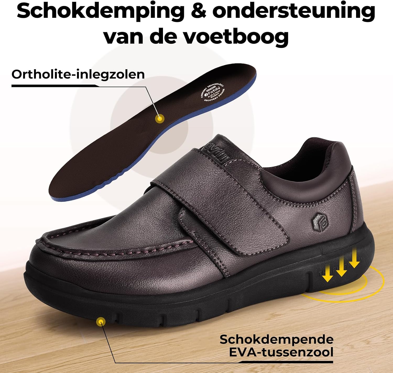 Thumbnail 3 de FitVille V2 extra brede leren herenschoenen met verstelbare klittenbandsluiting