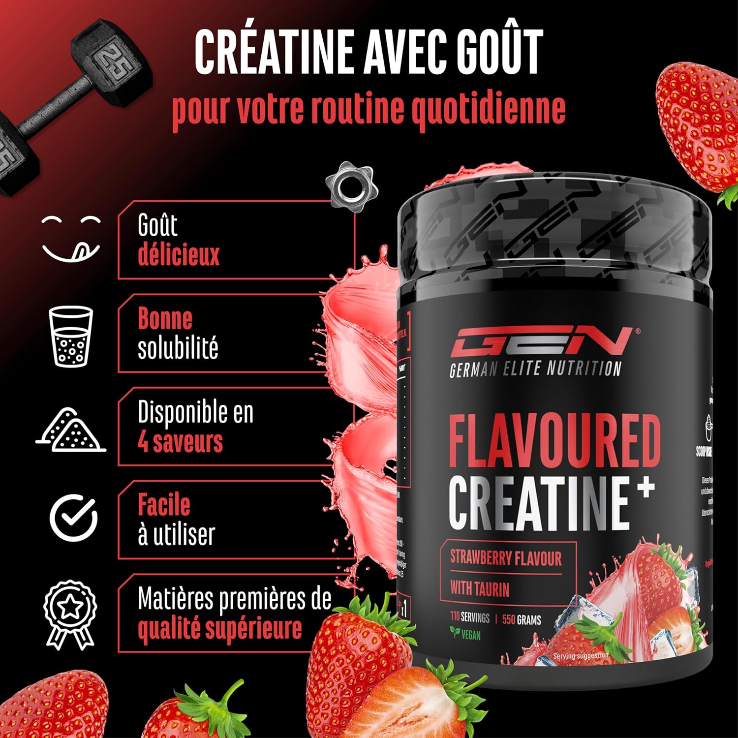 Thumbnail 2 de Flavoured Creatine poudre – 550 g, Creatine Monohydrate + L-taurine, Saveur Fraise – vegan & sans sucre