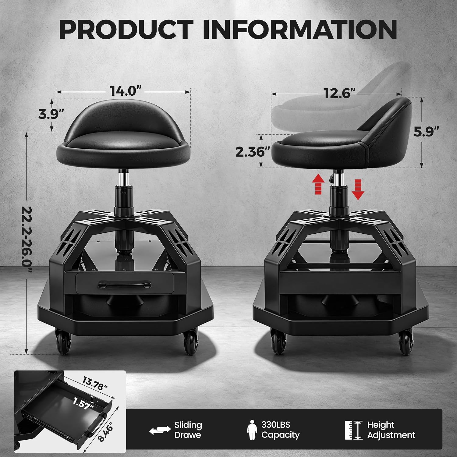 Detalle de Rolling Mechanic Stool with Drawer, 330 lb Capacity