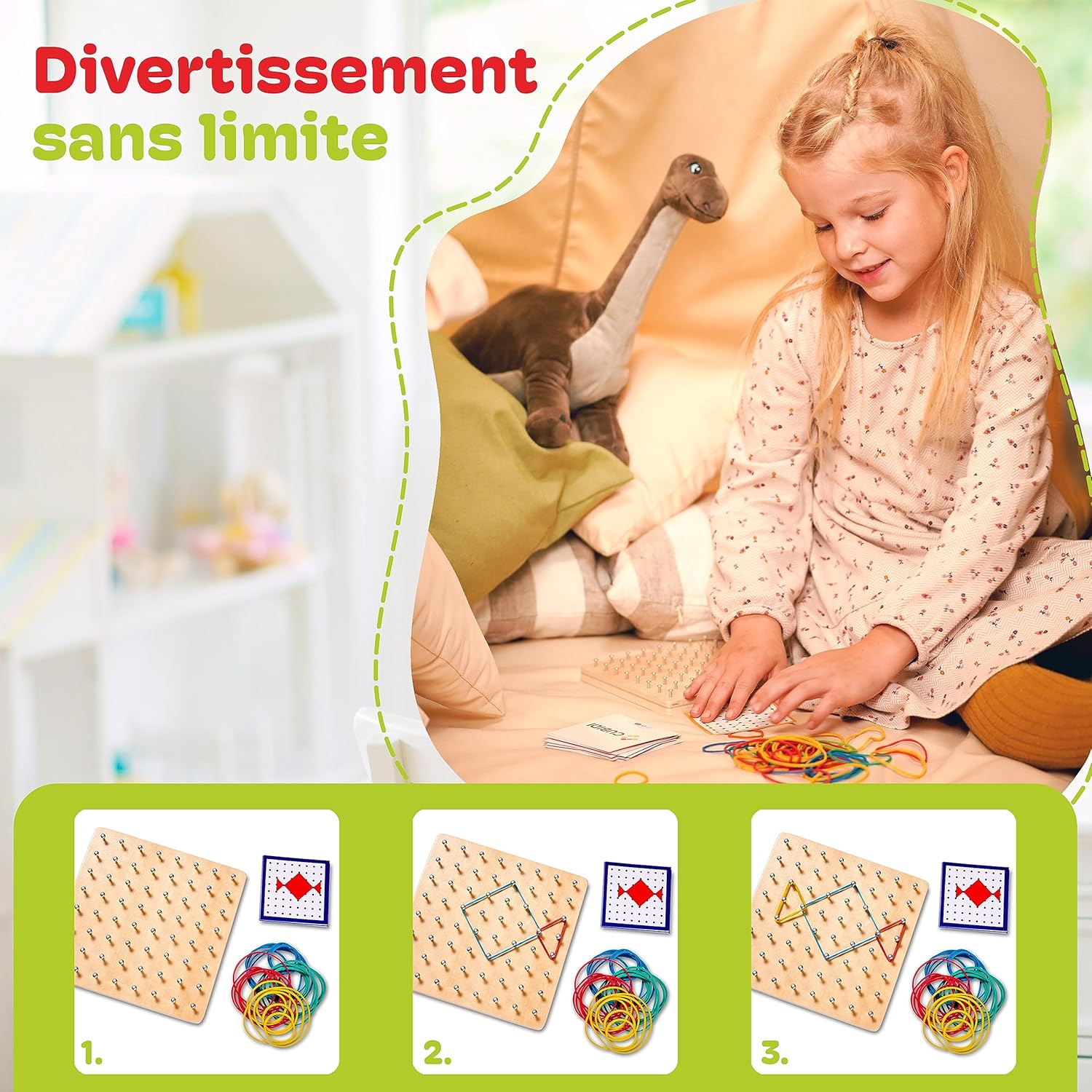 Detalle de CUBIDI Géoboard en Bois 8x8 avec 34 Cartes – Jeu Montessori sans écran