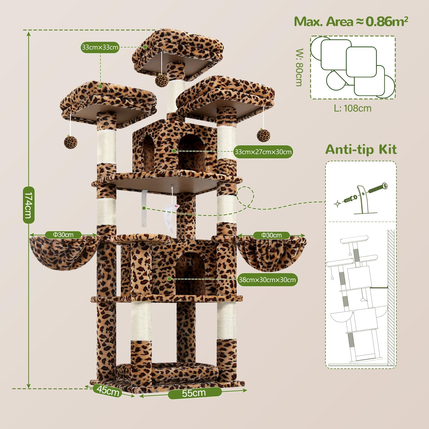 Thumbnail 1 de Globlazer Kratzbaum Leoparden Stabil 174 cm mit 3 gepolsterten Sitzstangen, 2 Katzenhäusern und abnehmbarem Haustierbett (F68B)