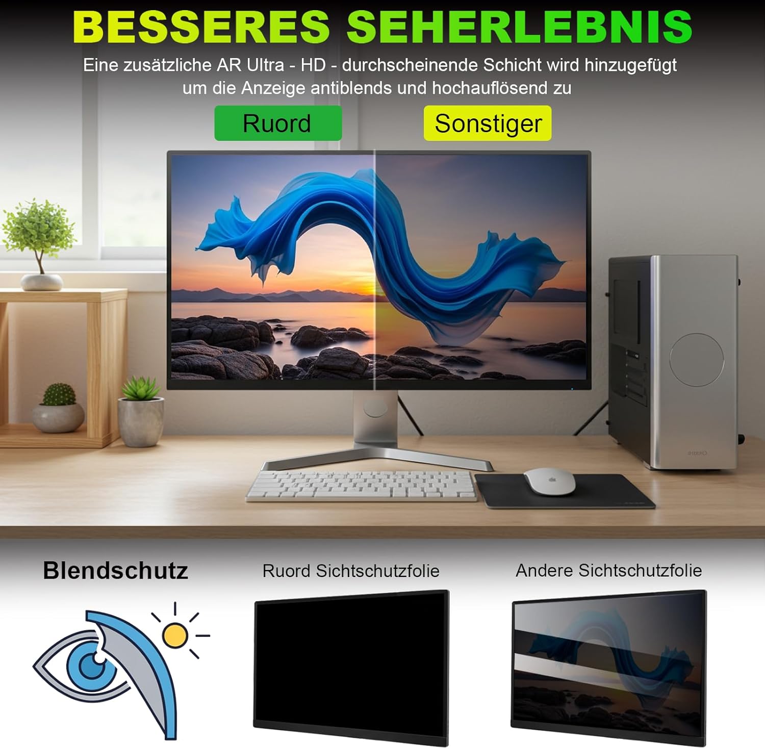 Thumbnail 6 de ruord Sichtschutzfolie für 24 Zoll 16:9 Monitor – Blaulichtfilter, Blendschutz und abnehmbarer Blickschutz (53,1 × 29,9 cm)