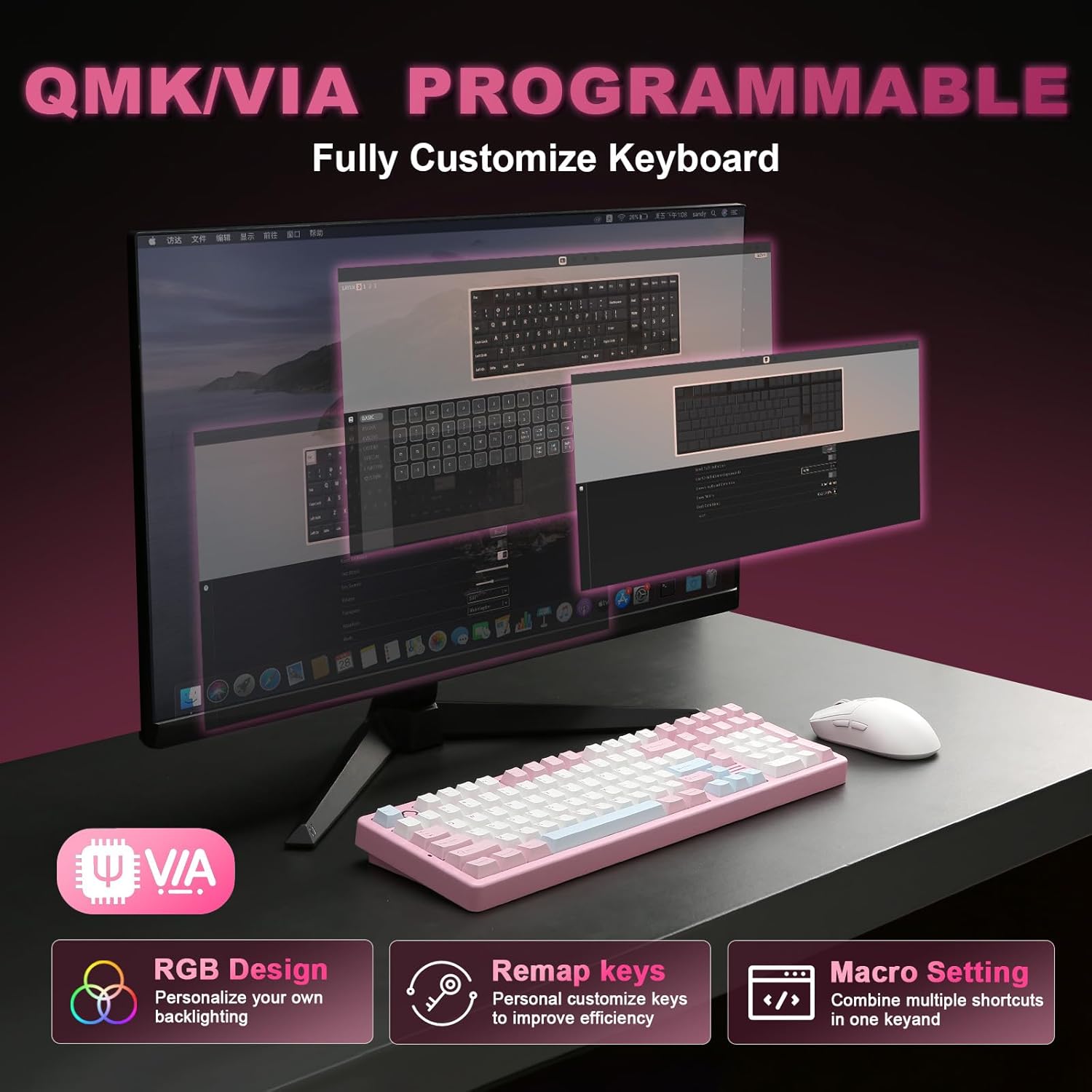 Thumbnail 3 de YUNZII AL98 QMK/VIA Kabellose Mechanische Gaming-Tastatur – 1800-Layout, Aluminium, Hot-Swap, RGB, Rosa (Milk V2 Linear)