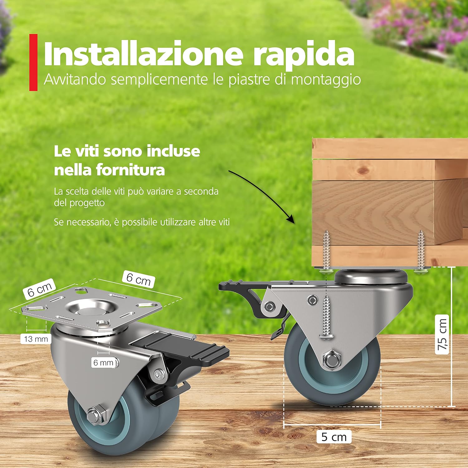 Detalle de RAVN HAMAN set di 4 ruote pivottanti con freno, 50 mm, fino a 100 kg per ruota