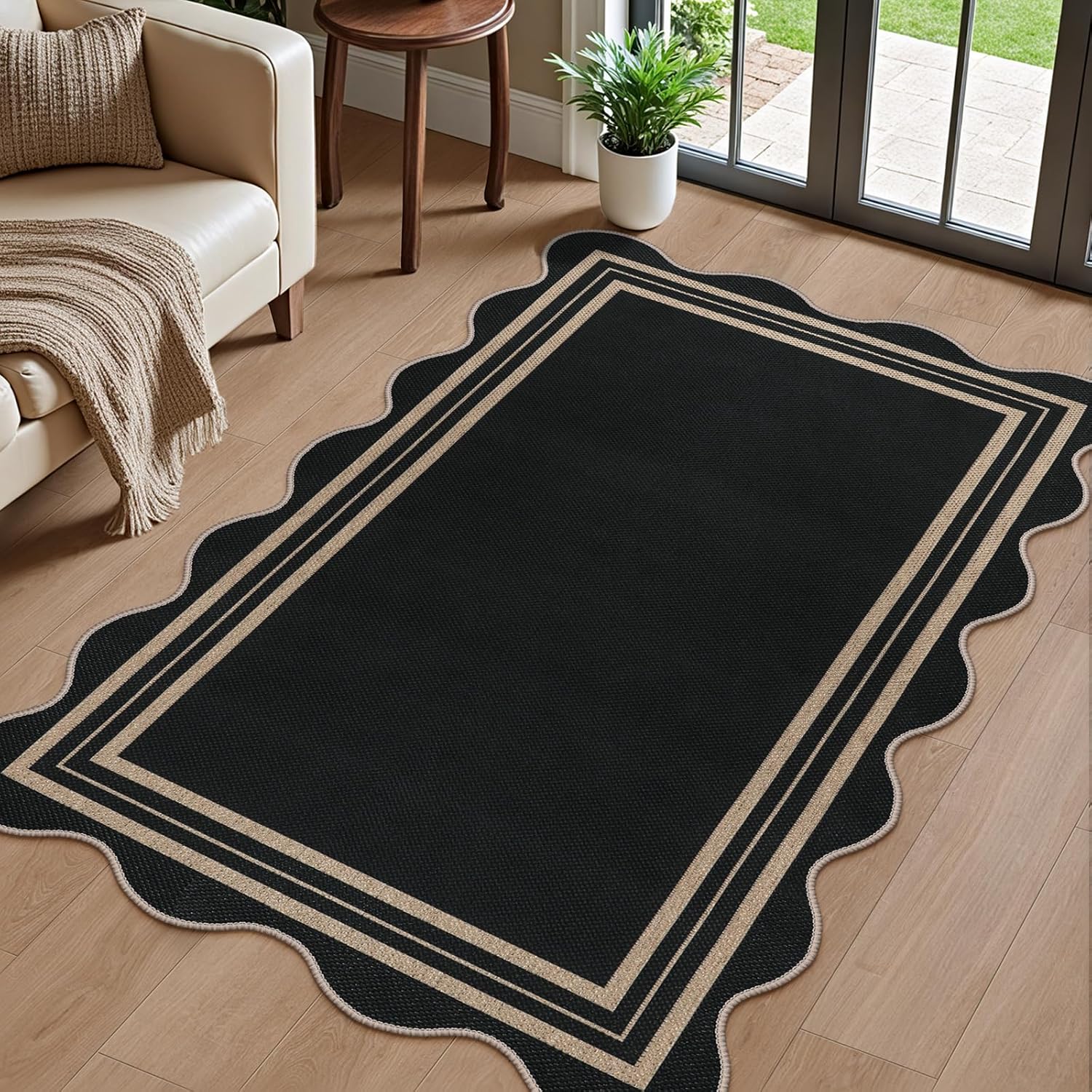 Detalle de LORWER Scalloped Easy Jute 3x5 Outdoor Rug (Black Charcoal) — Washable Non-Slip Entryway Door Mat