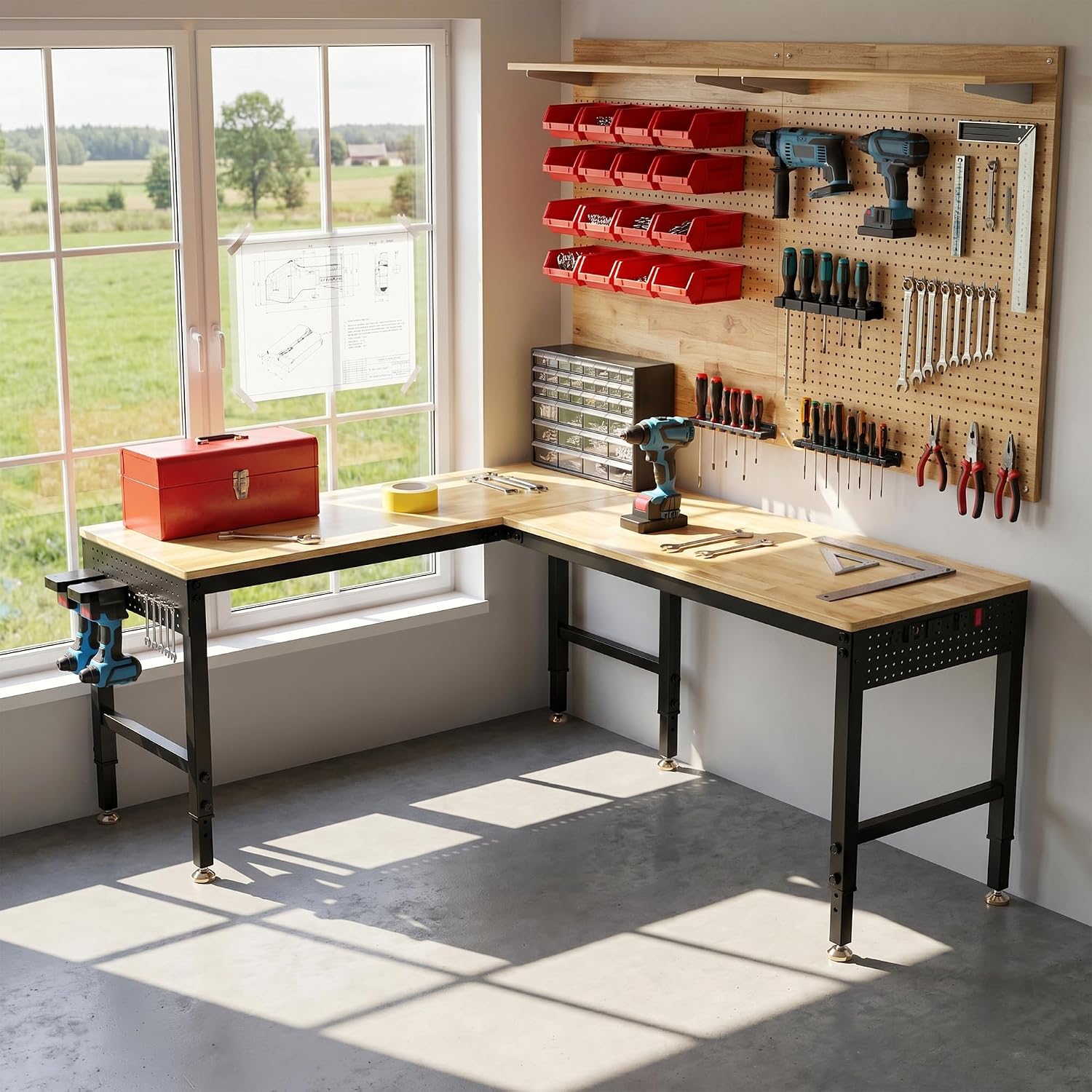 Detalle 1 de Betterhood 001 Convertible Adjustable Workbench, 96-Inch Rubber Wood Top