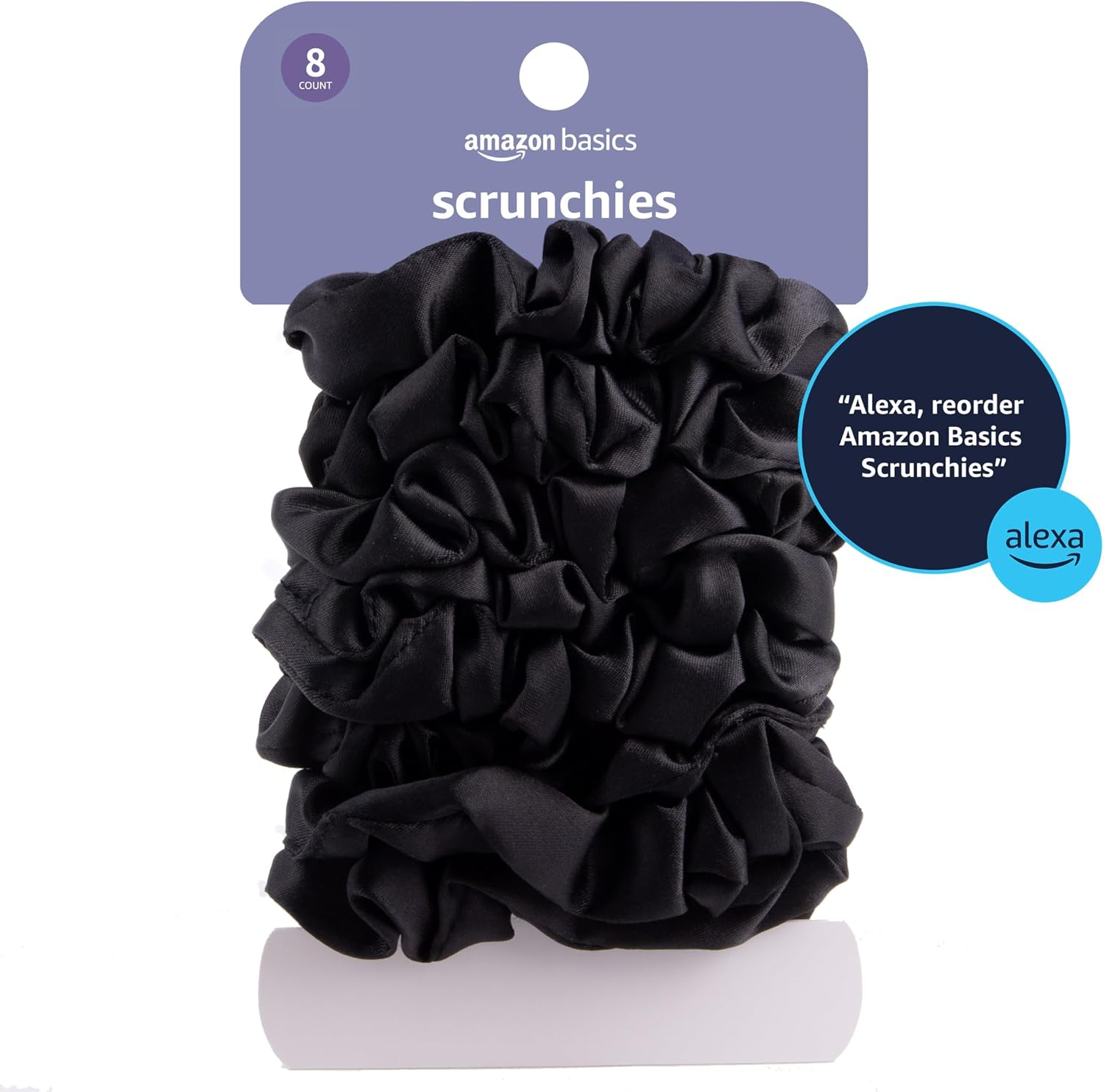 Detalle 1 de Amazon Basics Satin Scrunchies (Black) – No Crease, No Damage Hair Ties, 8 Count for Thin to Normal Hair
