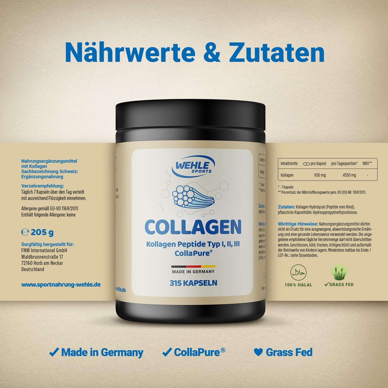 Detalle de Kollagen Kapseln hochdosiert von Wehle Sports – 315 Stück, 4550 mg Kollagen pro Tag