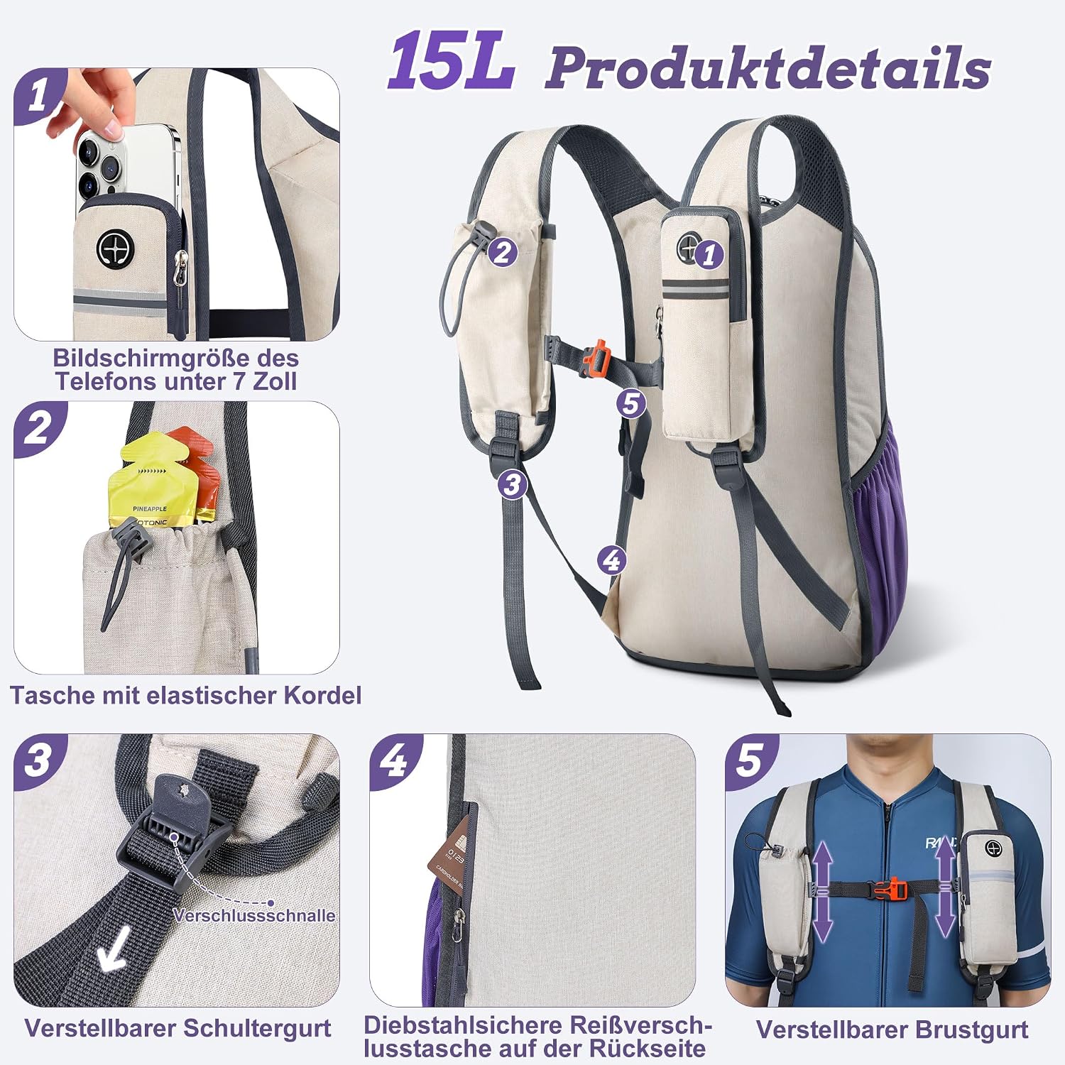 Detalle 2 de BECOJADDE 15L Wanderrucksack – leichter faltbarer Daypack für Camping, Outdoor & Tagesausflüge
