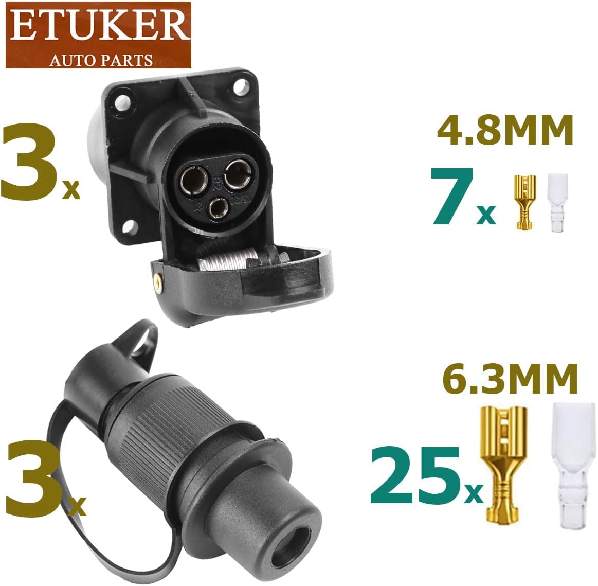 Detalle 2 de ETUKER 3x Trailer Plug & Socket Set with Flat Terminals for Trailer & Van