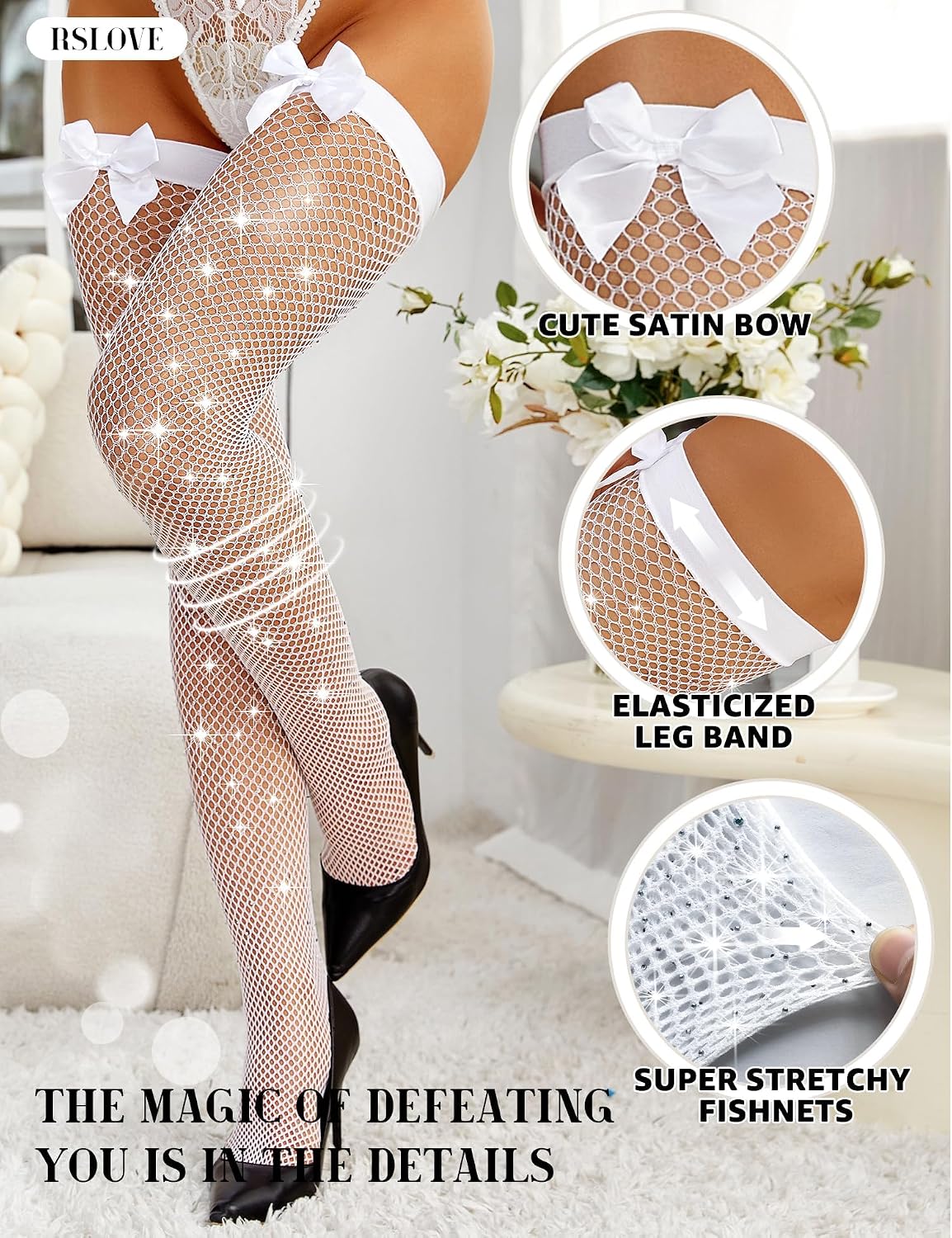 Detalle 2 de RSLOVE Stockings for Women Fishnet Hold-Up Tights with Bow Detail