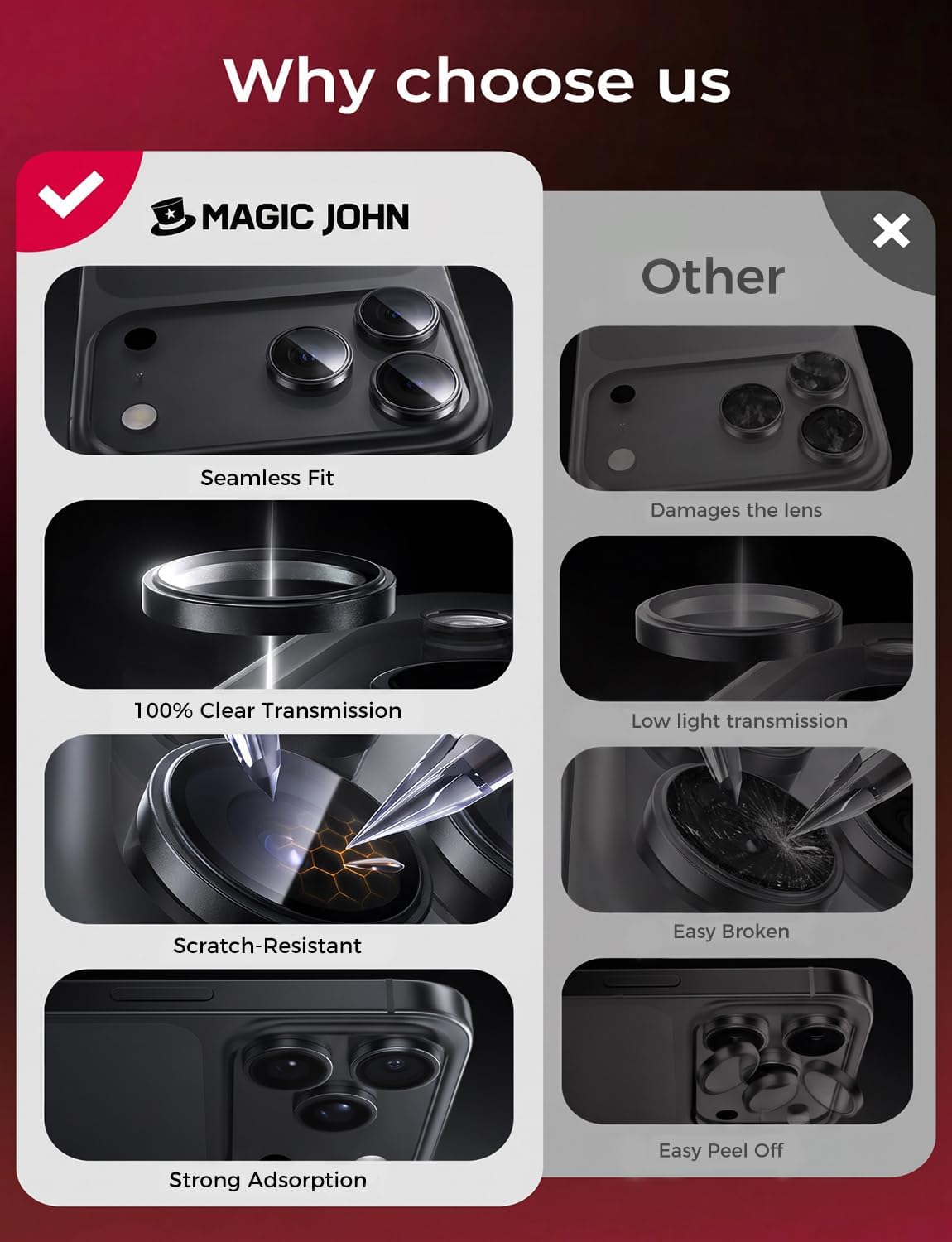 Detalle de MAGIC JOHN iPhone 18 Pro Max/18 Pro Camera Lens Protector, 2-Pack, Black