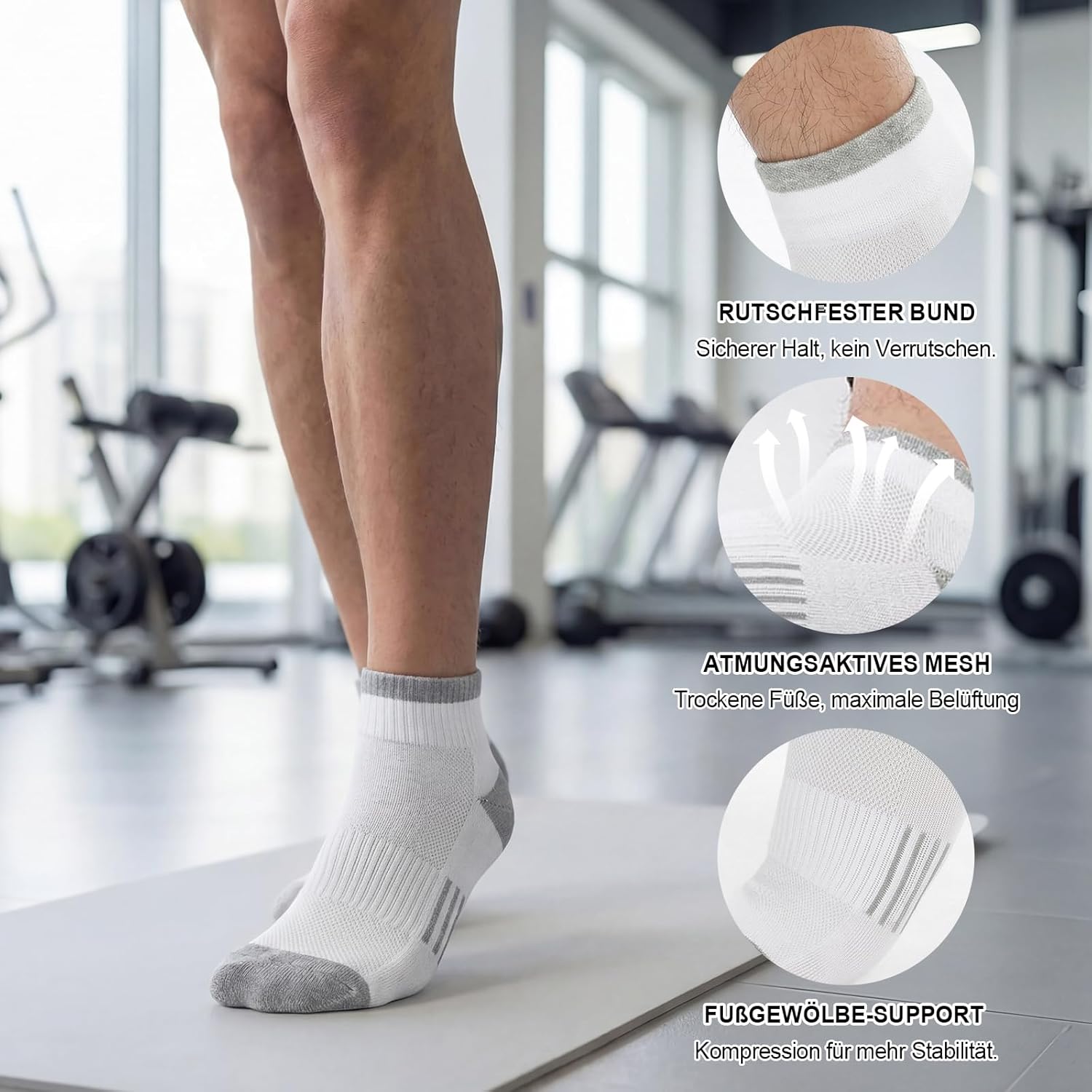 Thumbnail 4 de Quoboquo Chaussettes Homme de sport en coton bicolores, respirantes et rembourrées – compression légère pour course, tennis, travail et loisirs (1 ou 6 paires, tailles 39-46)
