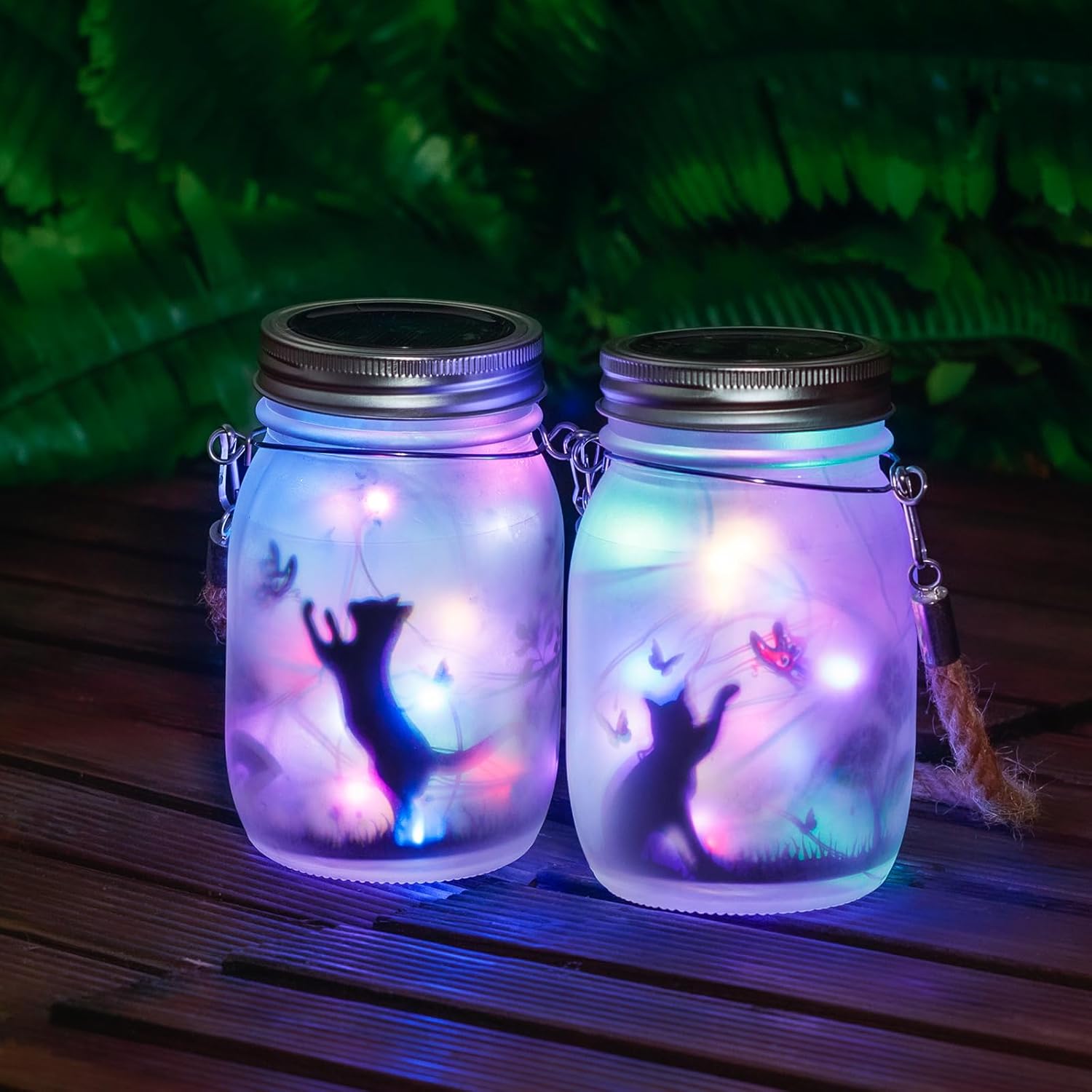 Thumbnail 1 de MLOQI 2 Pack Solar Lanterns with Cat Silhouette – Outdoor Mason Jar Lights