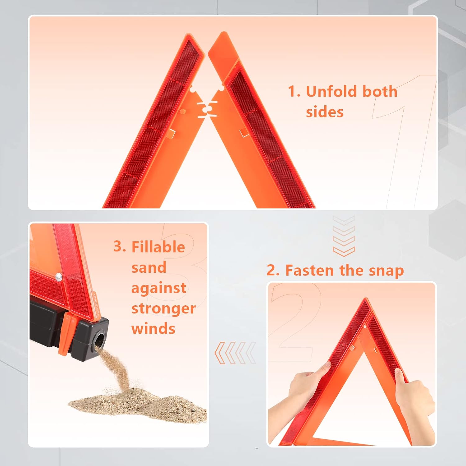 Detalle de WORKKOOL 3 Pack Foldable Warning Reflective Triangles with Carrying Case