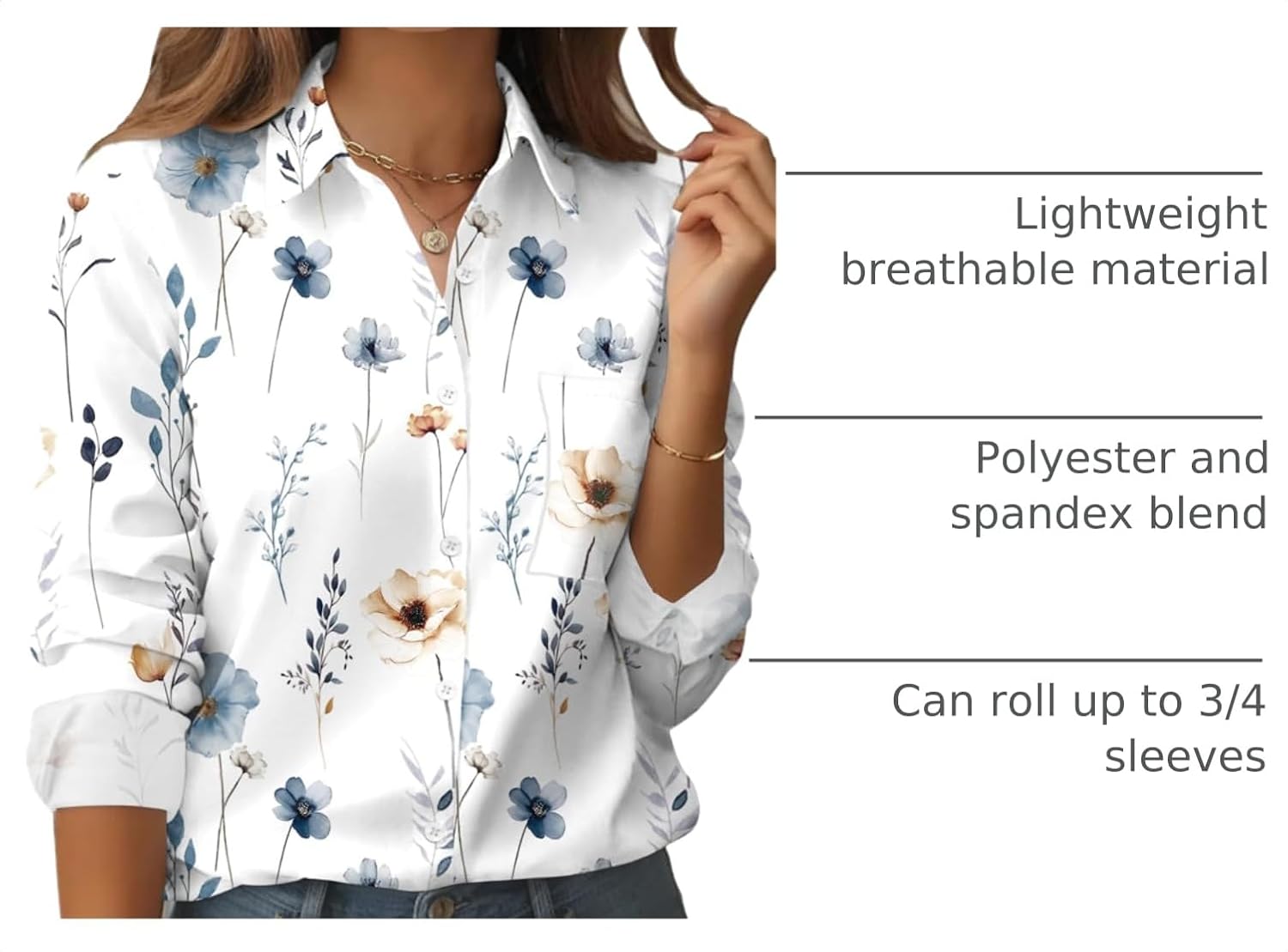 Detalle 2 de Zeagoo Button Down Floral Blouse ¾ Sleeve