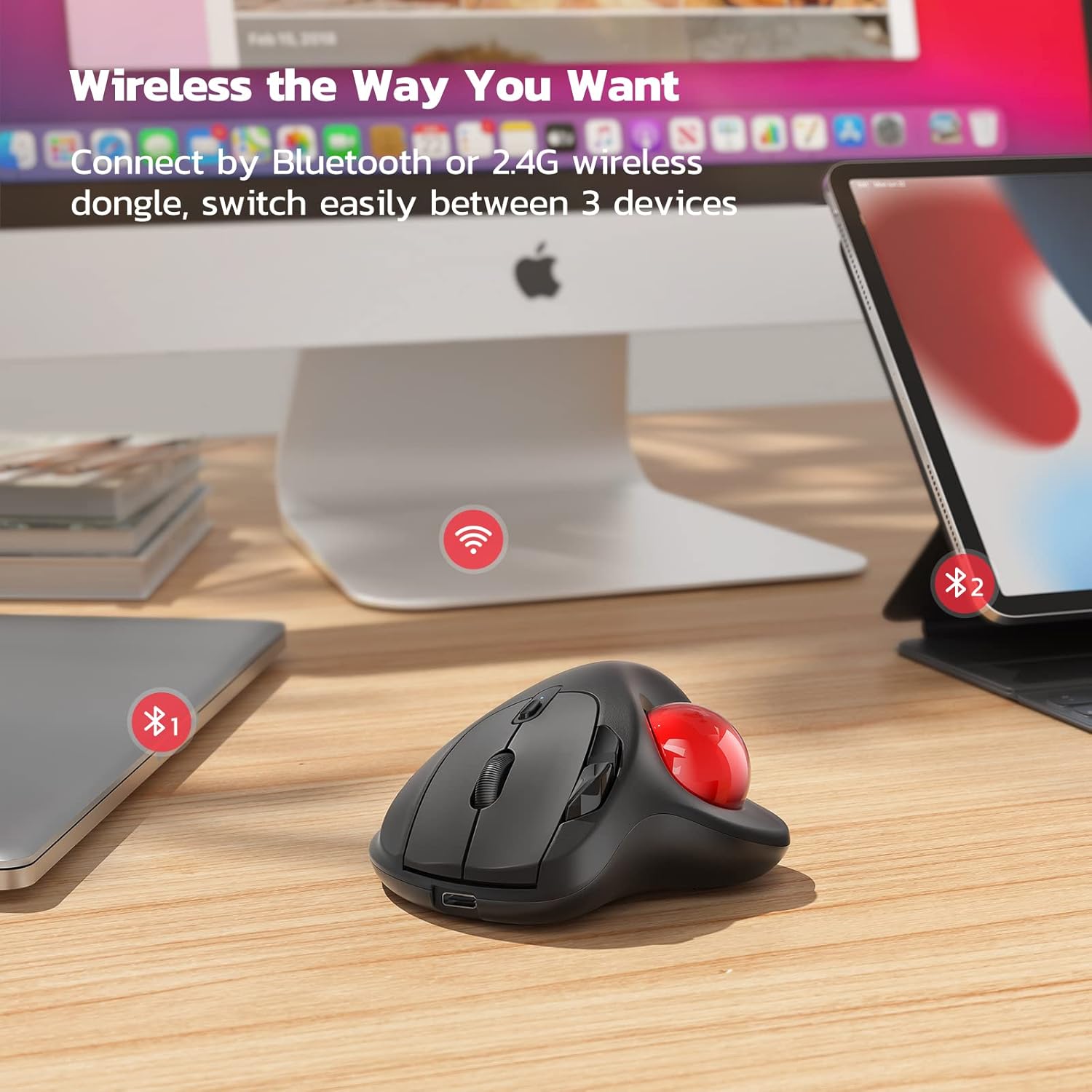 Thumbnail 3 de Nulea M501 kabellose Trackball-Maus mit 3-Geräte-Verbindung (Bluetooth oder 2,4G) und wiederaufladbarem Akku