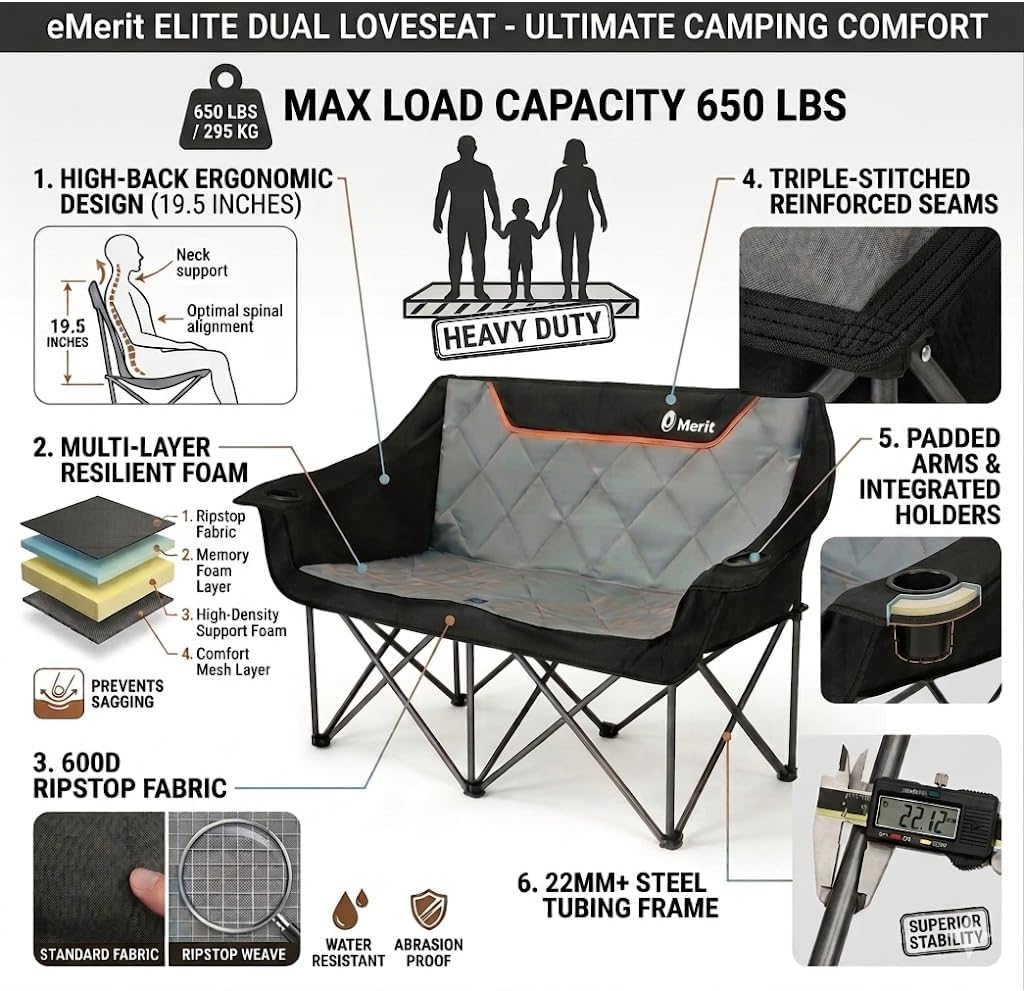 Thumbnail 3 de EMERIT Oversized Fully Padded Camping Chair — 650 lb Capacity Quad Fold Loveseat