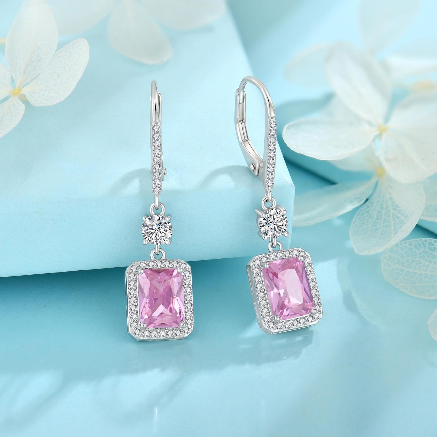 Thumbnail 3 de FJ Rectangular Cut Dangle Drop Earrings in 925 Sterling Silver with Birthstone – Leverback