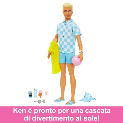 Detalle de Barbie Ken biondo da spiaggia con costume azzurro e camicia blu – set completo per avventure estive