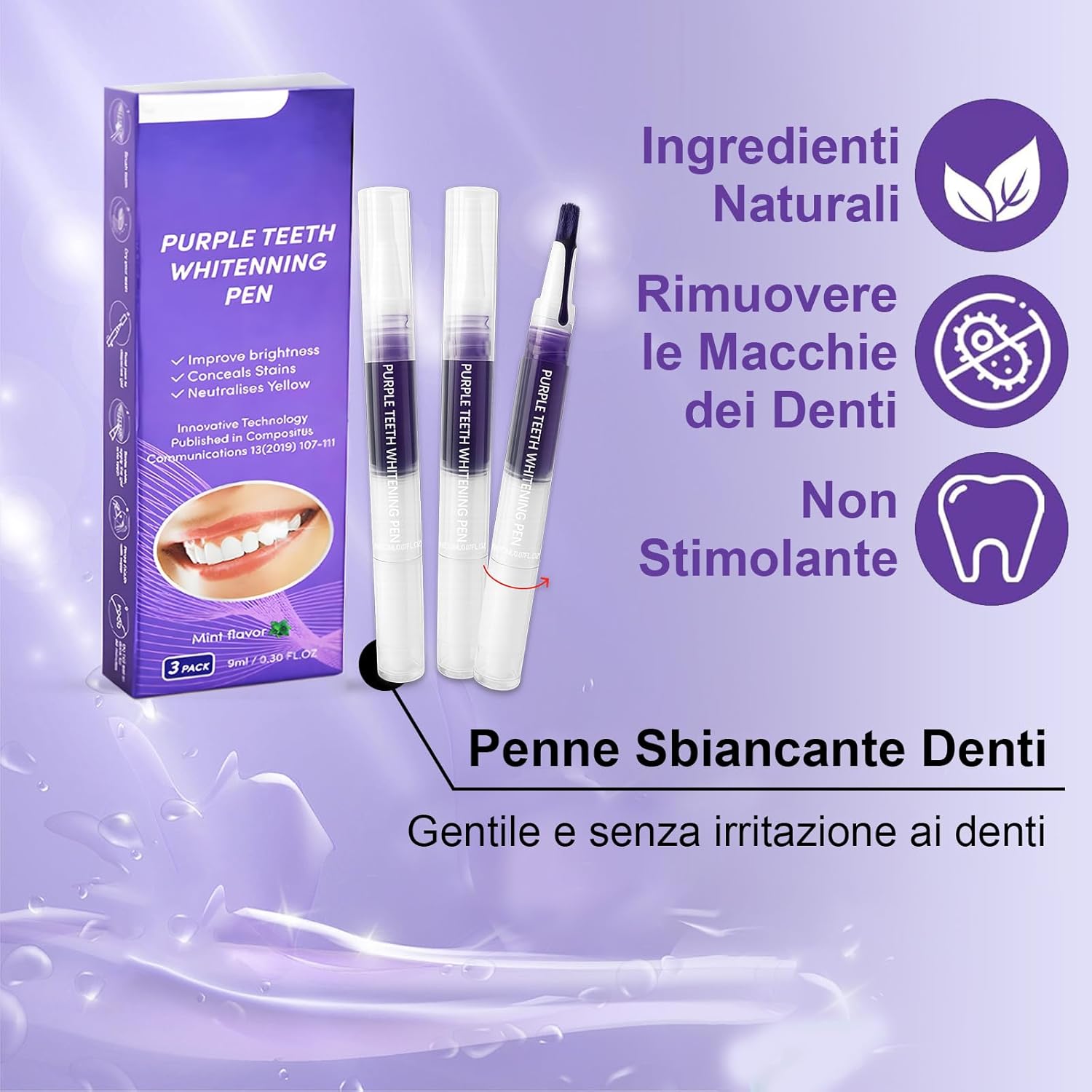 Detalle de Penne Sbiancante Denti – Gel Sbiancamento per Dental, Kit Professionale in Viaggio (Viola, 3 Pezzi)