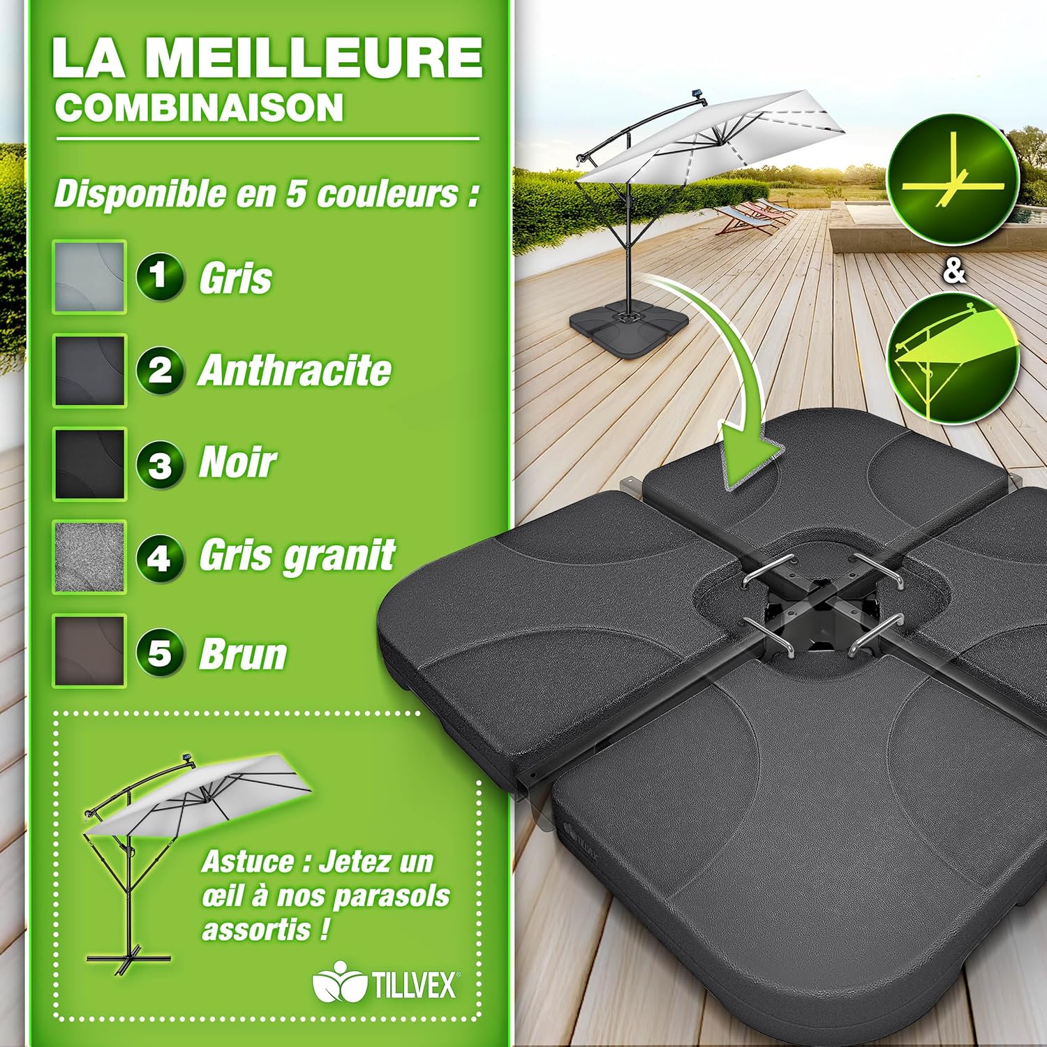 Thumbnail 5 de Tillvex Lestage & Dalles Carrées pour Parasol Déporté — Base remplissable 60 L / 80 kg, 4 pièces avec connecteur métallique (Anthracite)