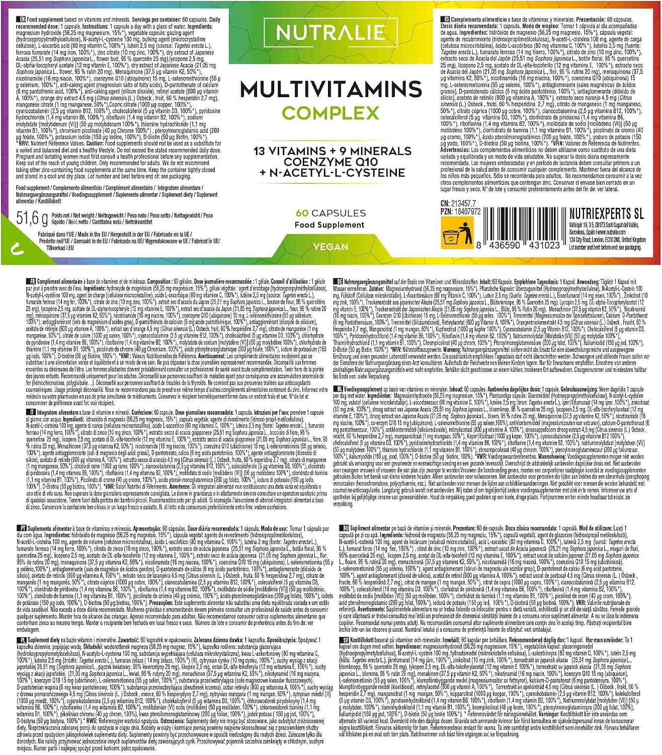 Detalle 2 de Nutralie Multivitamins and Minerals Complex, 60 Vegan Capsules with 29 Active Ingredients