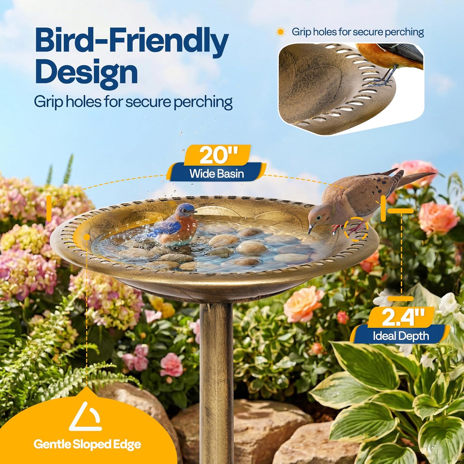 Detalle de VIVOHOME garden birdbath stand with copper-tone polyresin bowl, 71 x 50 x 50cm