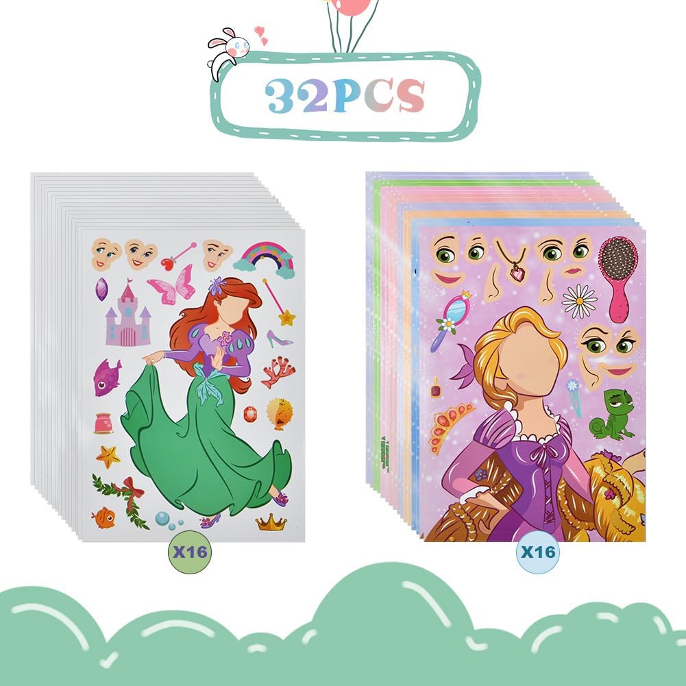 Detalle de OSDUE 32 Pcs Make a Face Sticker Sheets – Princess DIY Stickers for Kids Crafts